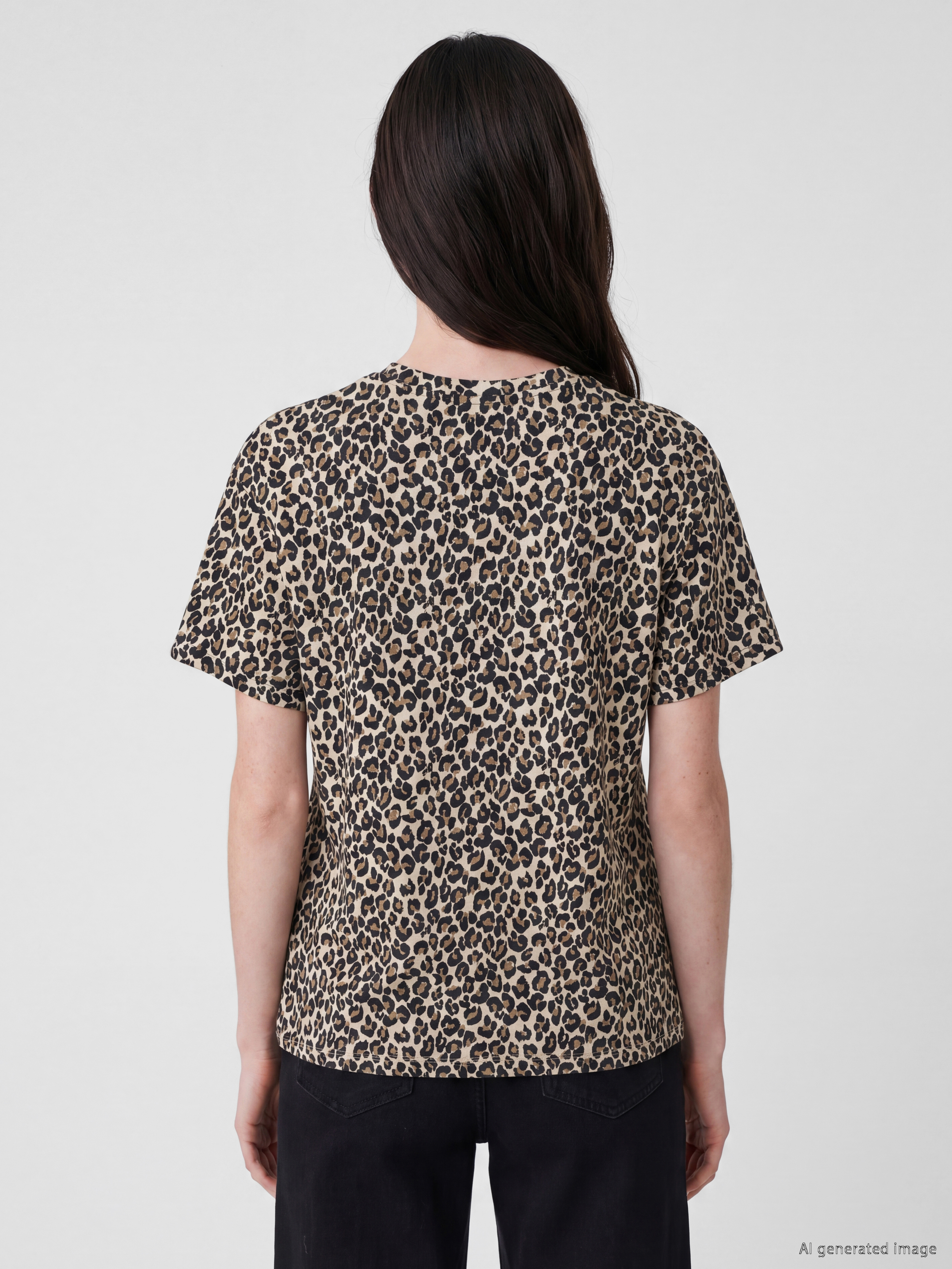 LCW Comfort Bisiklet Yaka Leopar Desenli Kadın Tişört görsel 4