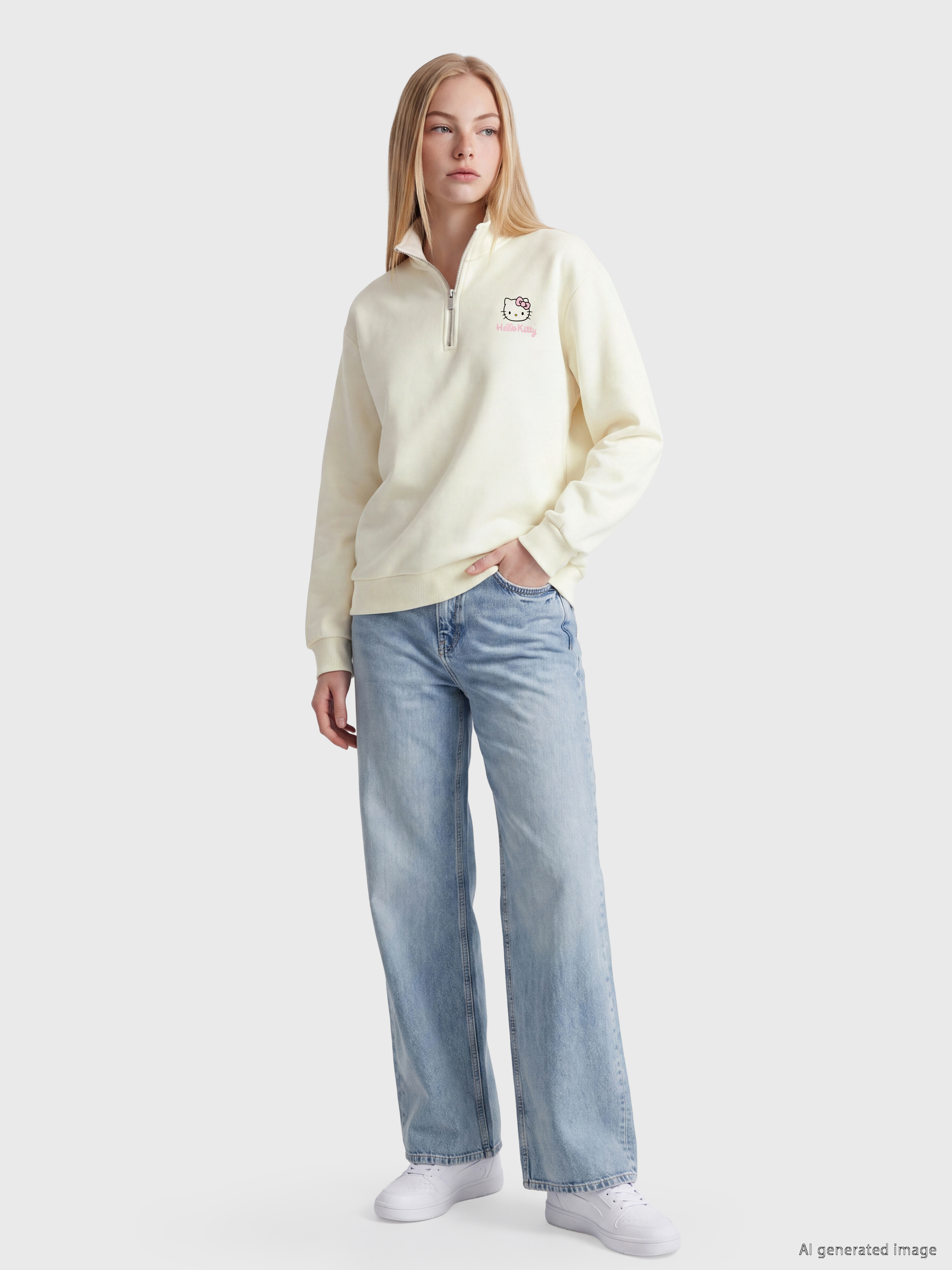 XSIDE Hello Kitty Nakışlı Oversize Kadın Kalın Sweatshirt görsel 6