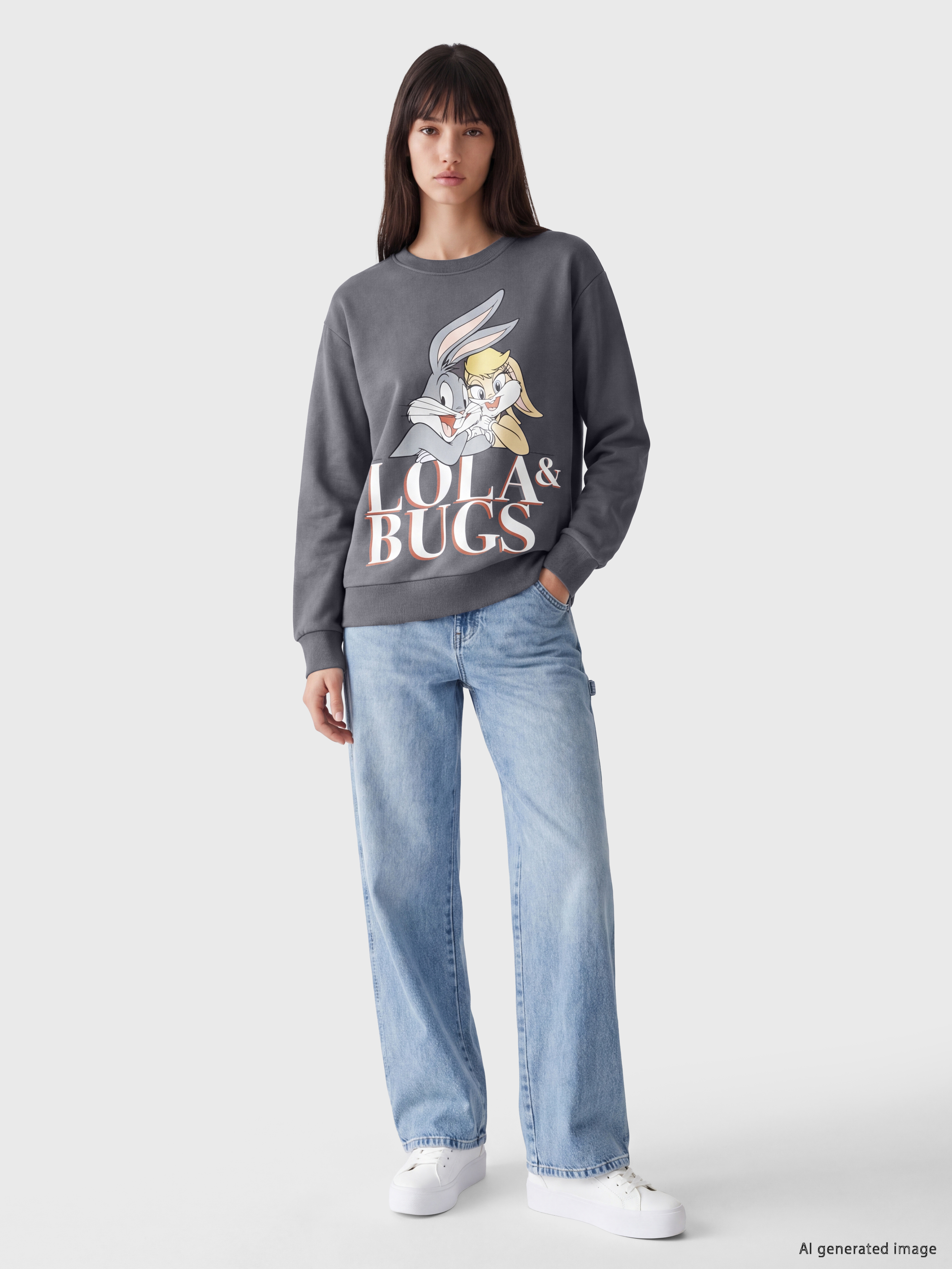 XSIDE Bugs Bunny Baskılı Oversize Kadın Kalın Sweatshirt görsel 4