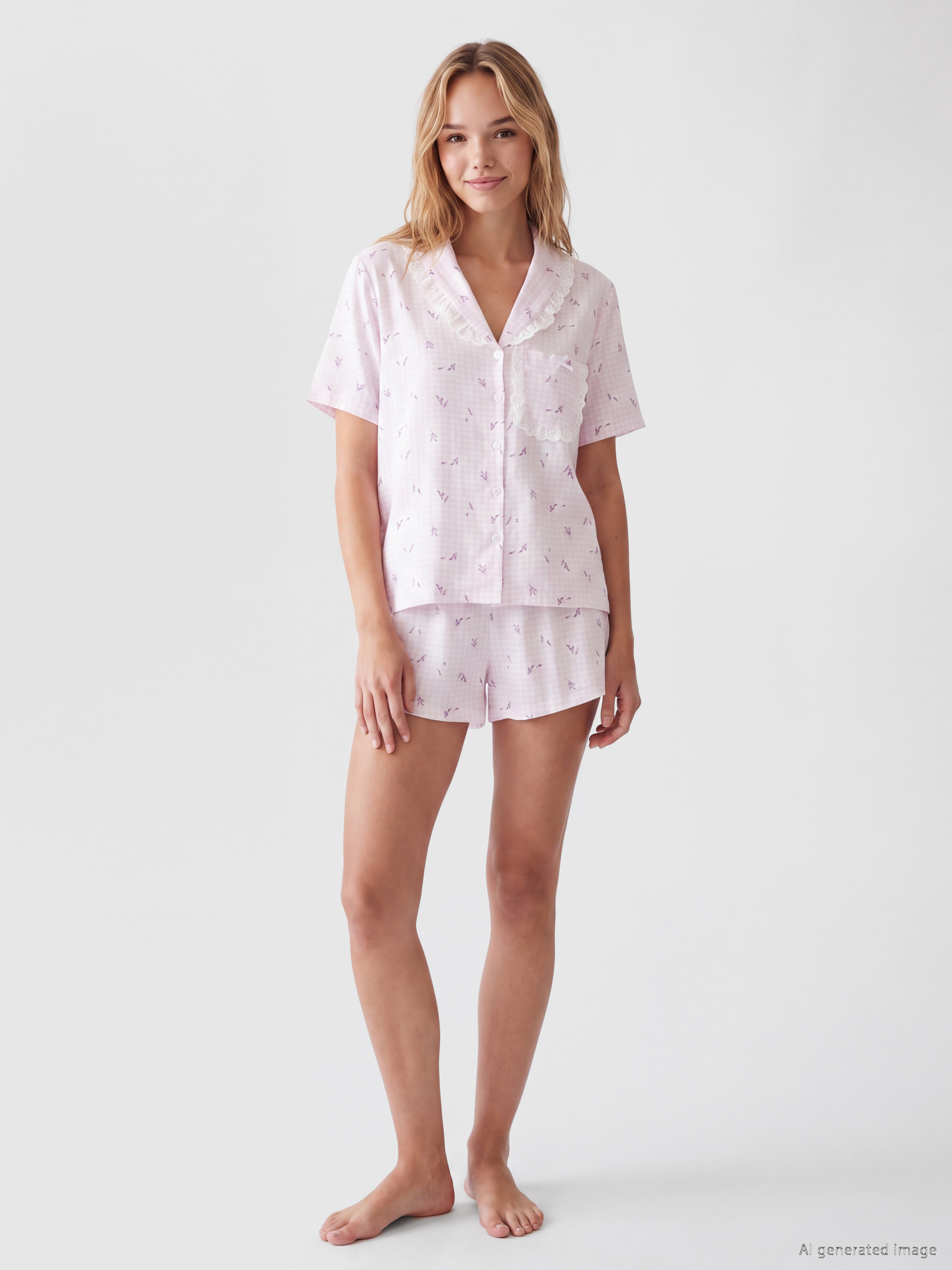 LCW DREAM Fırfırlı Ekose Kadın Şortlu Pijama Takımı görsel 2