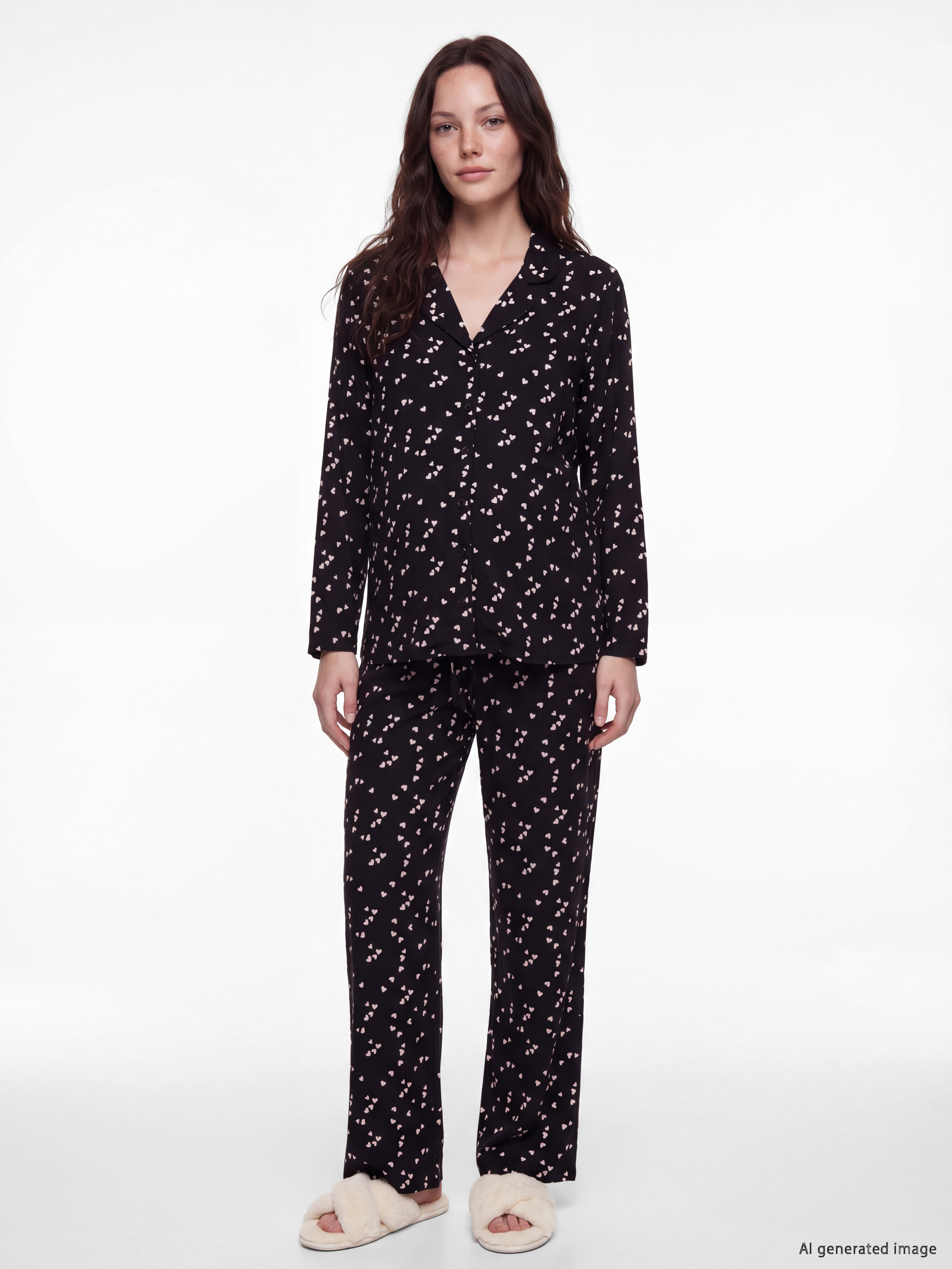 LCW DREAM Gömlek Yaka Kalp Baskılı Hamile Pijama Takımı