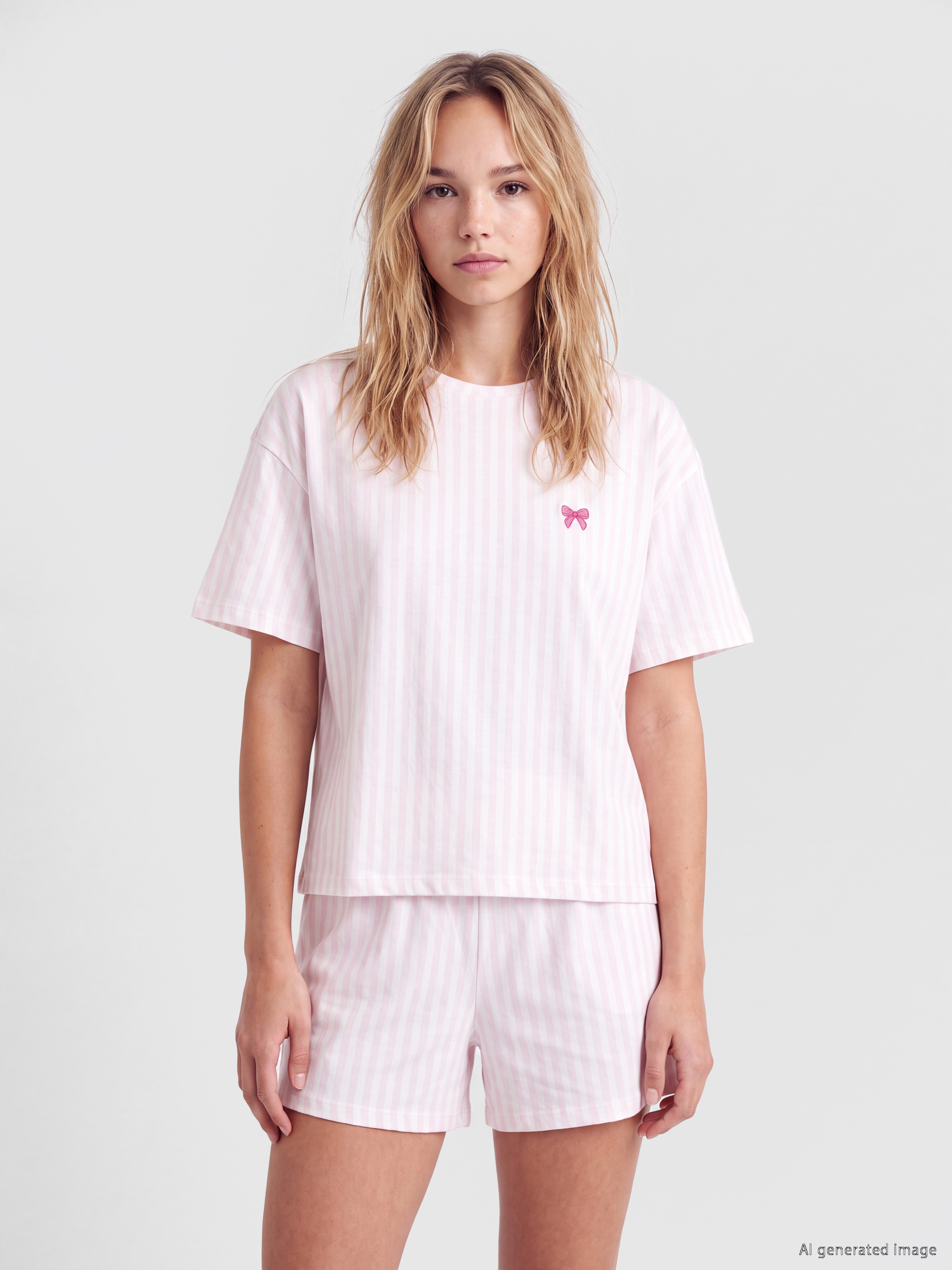 LCW Young Keseli Nakışlı Kadın Şortlu Pijama Takımı görsel 2