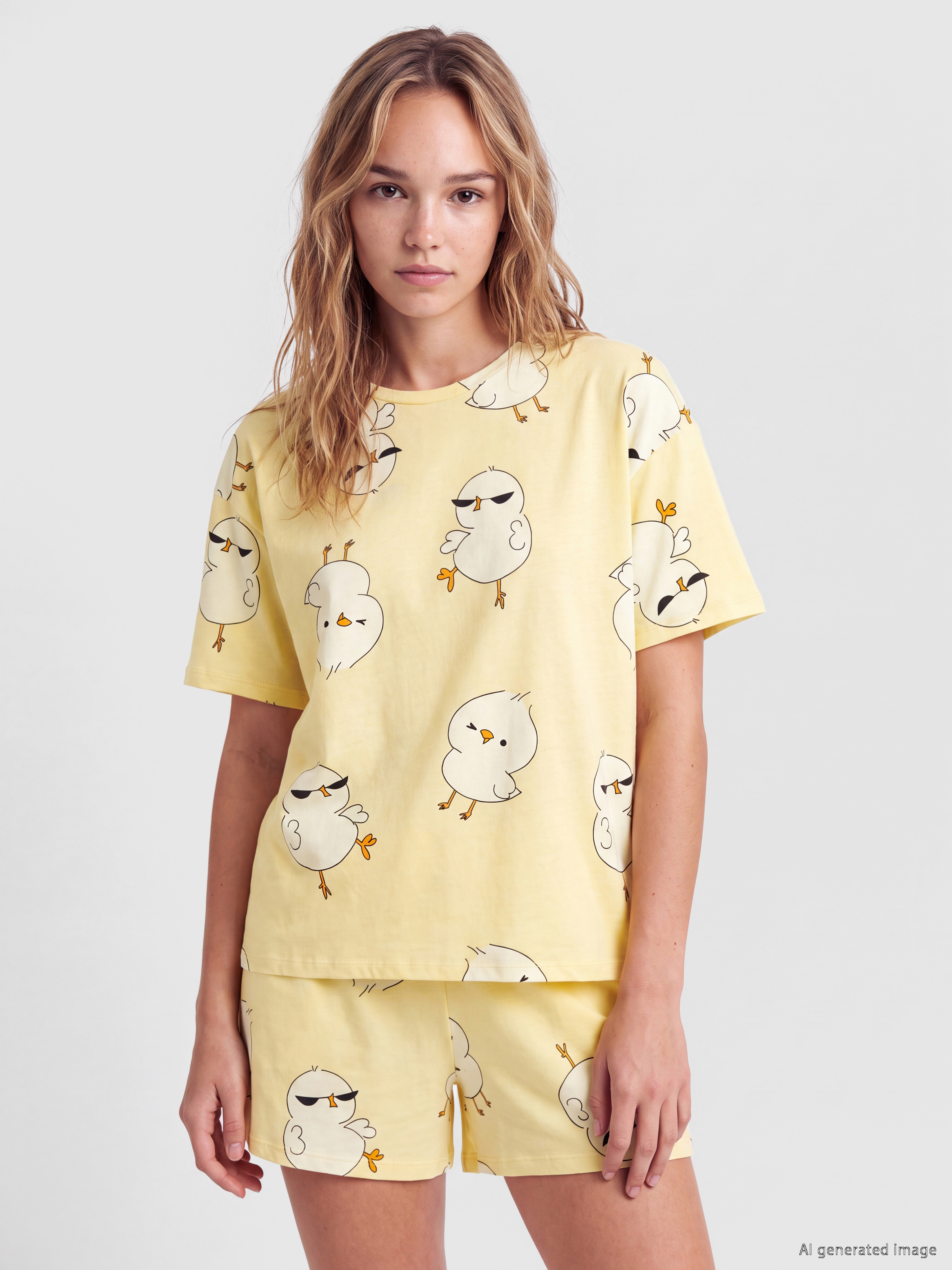 LCW Young Keseli Civciv Baskılı Kadın Şortlu Pijama Takımı görsel 2