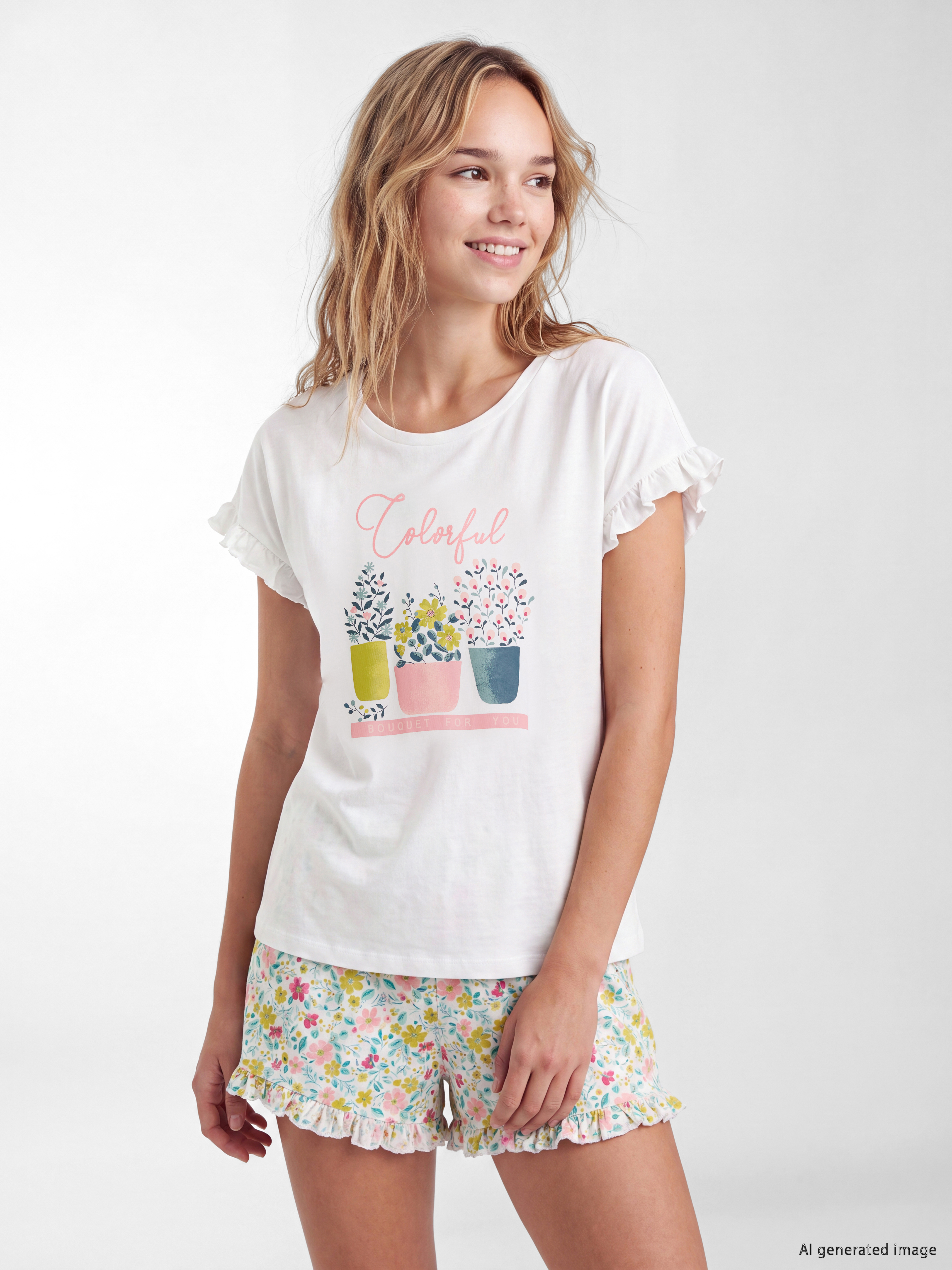 LCW DREAM Bisiklet Yaka Baskılı Kadın Şortlu Pijama Takımı
