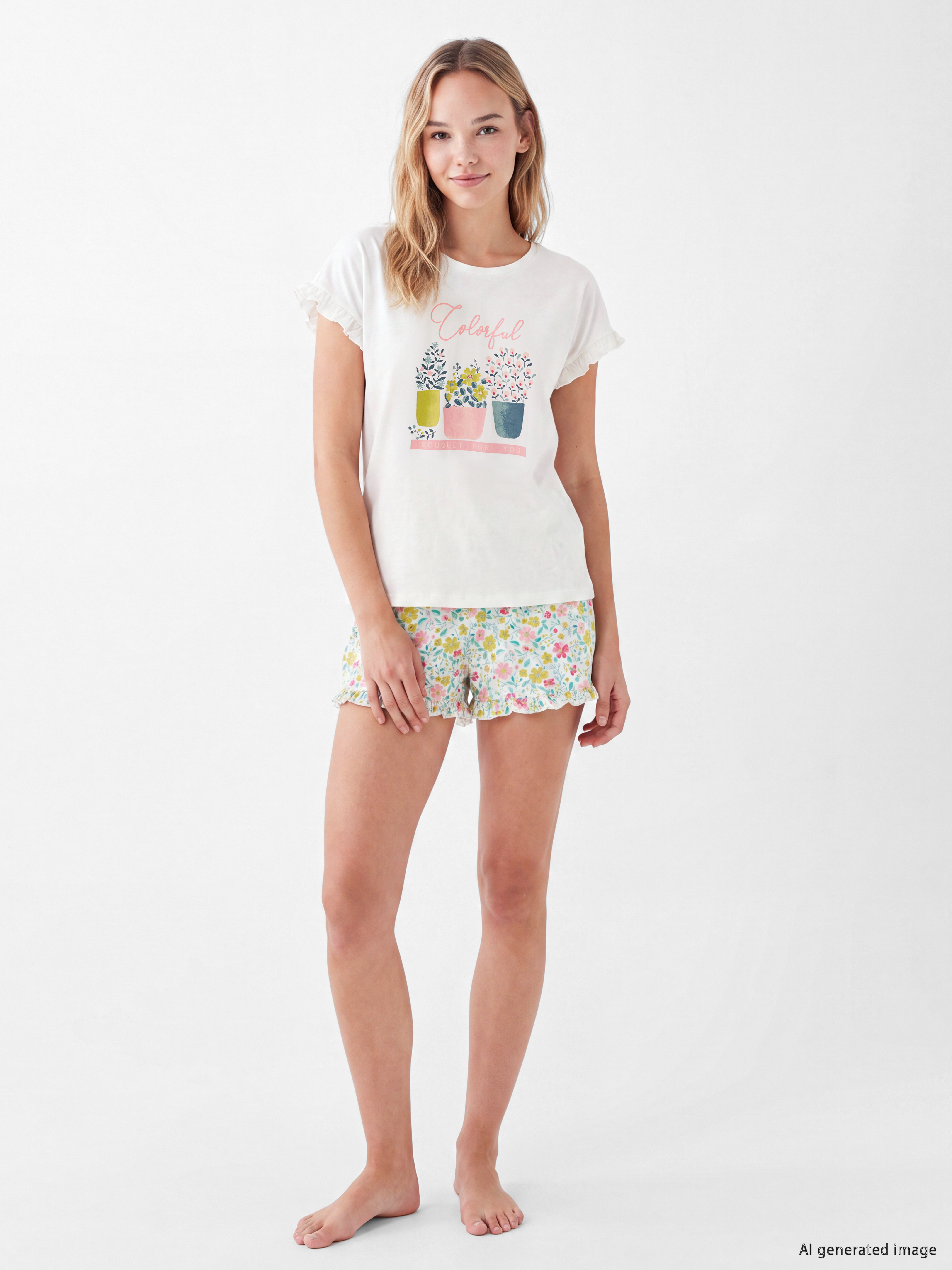 LCW DREAM Bisiklet Yaka Baskılı Kadın Şortlu Pijama Takımı görsel 2