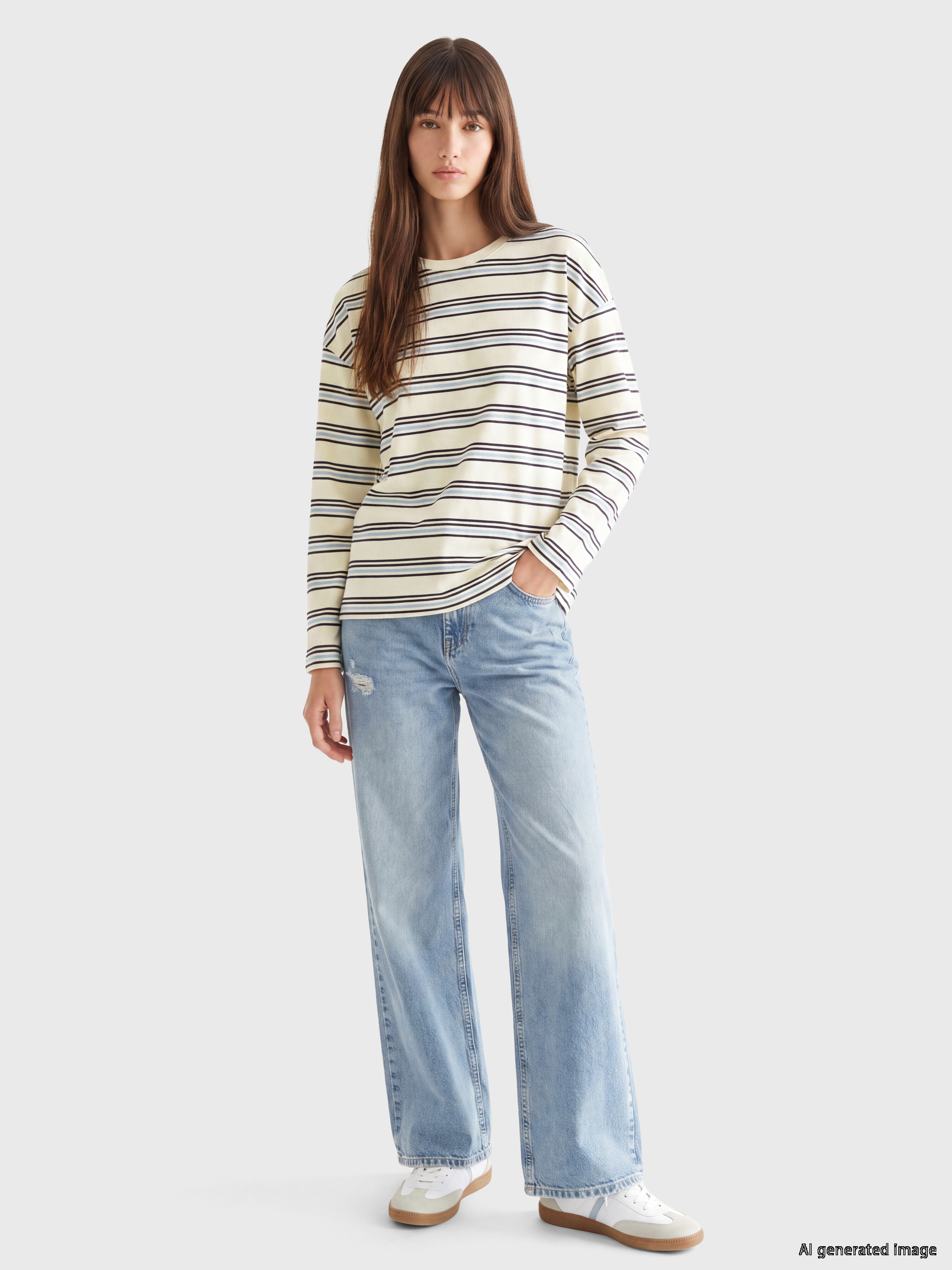 XSIDE Çizgili Oversize %100 Pamuklu Kadın Tişört görsel 3