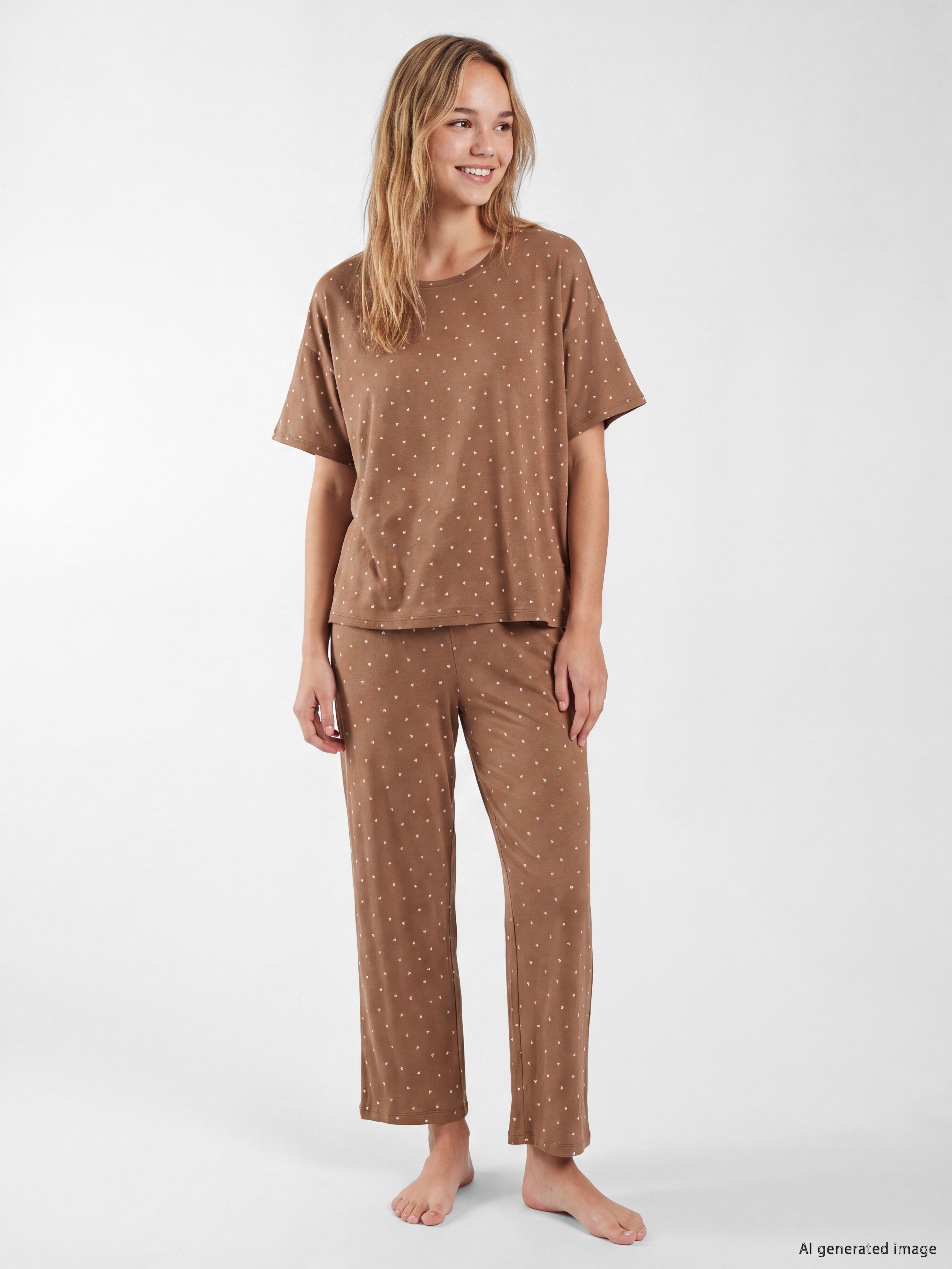 LCW DREAM Bisiklet Yaka Desenli Kadın Kaprili Pijama Takımı