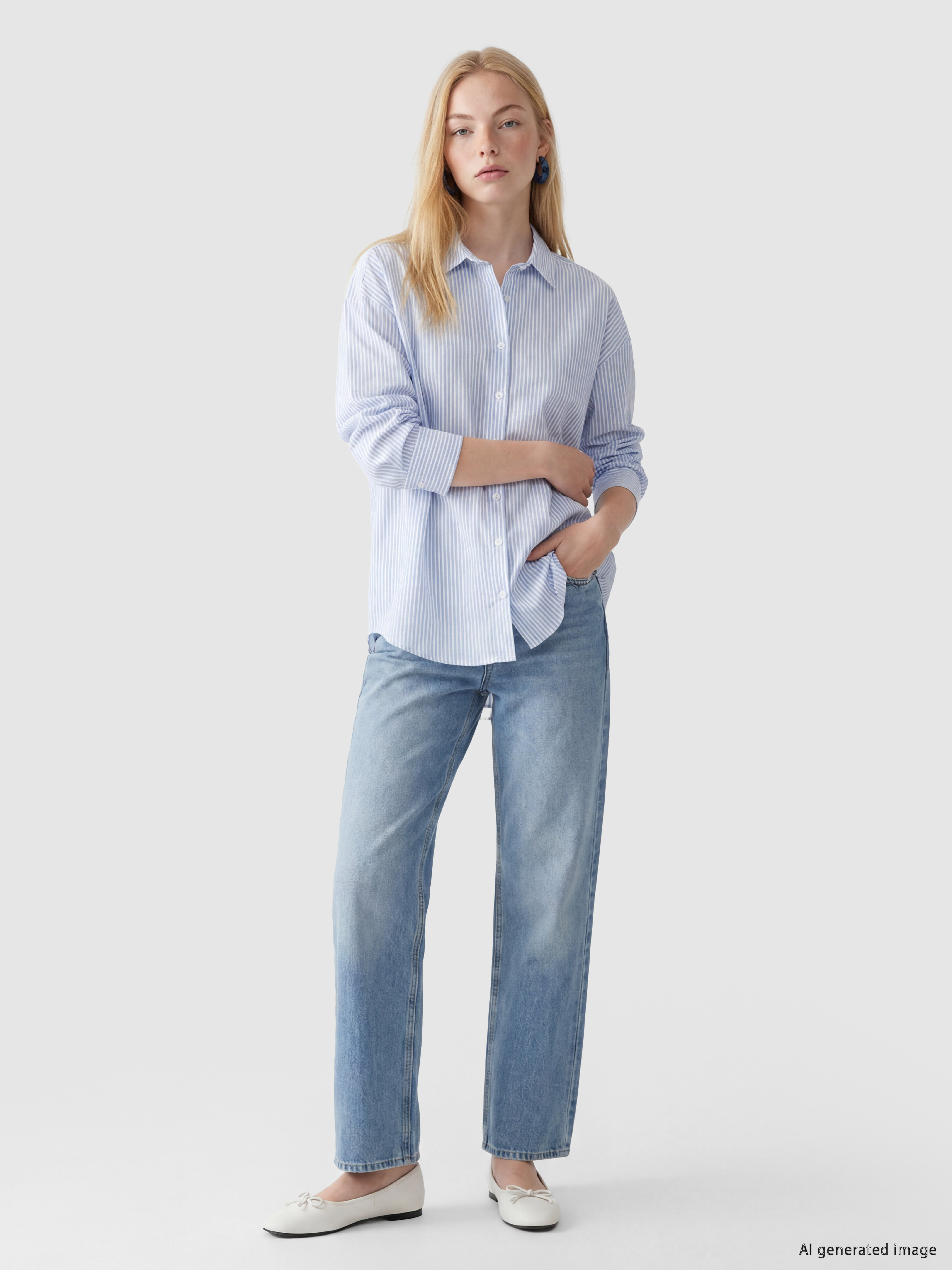 XSIDE Çizgili Oversize Oxford Kadın Gömlek görsel 2