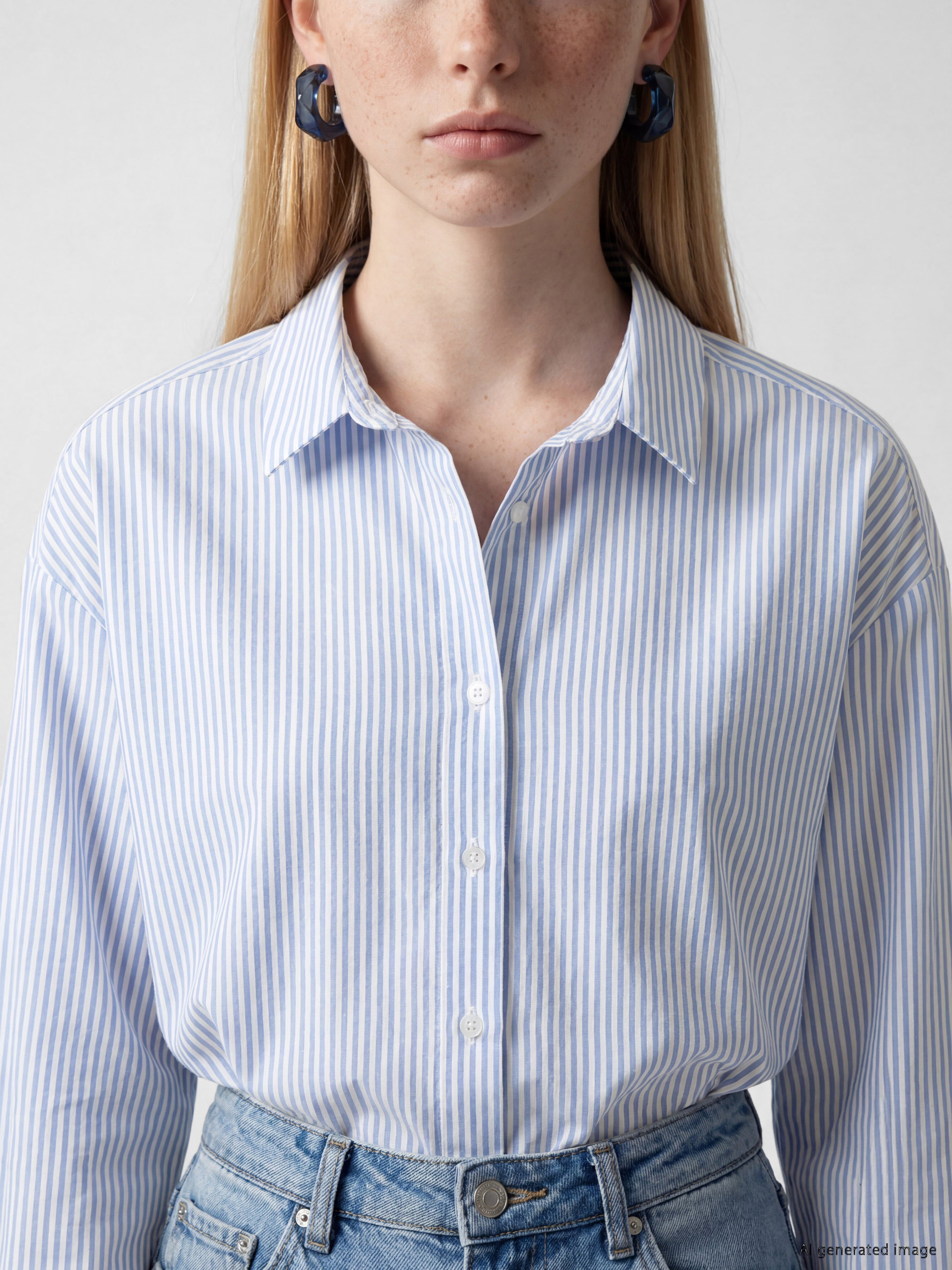 XSIDE Çizgili Oversize Oxford Kadın Gömlek görsel 3