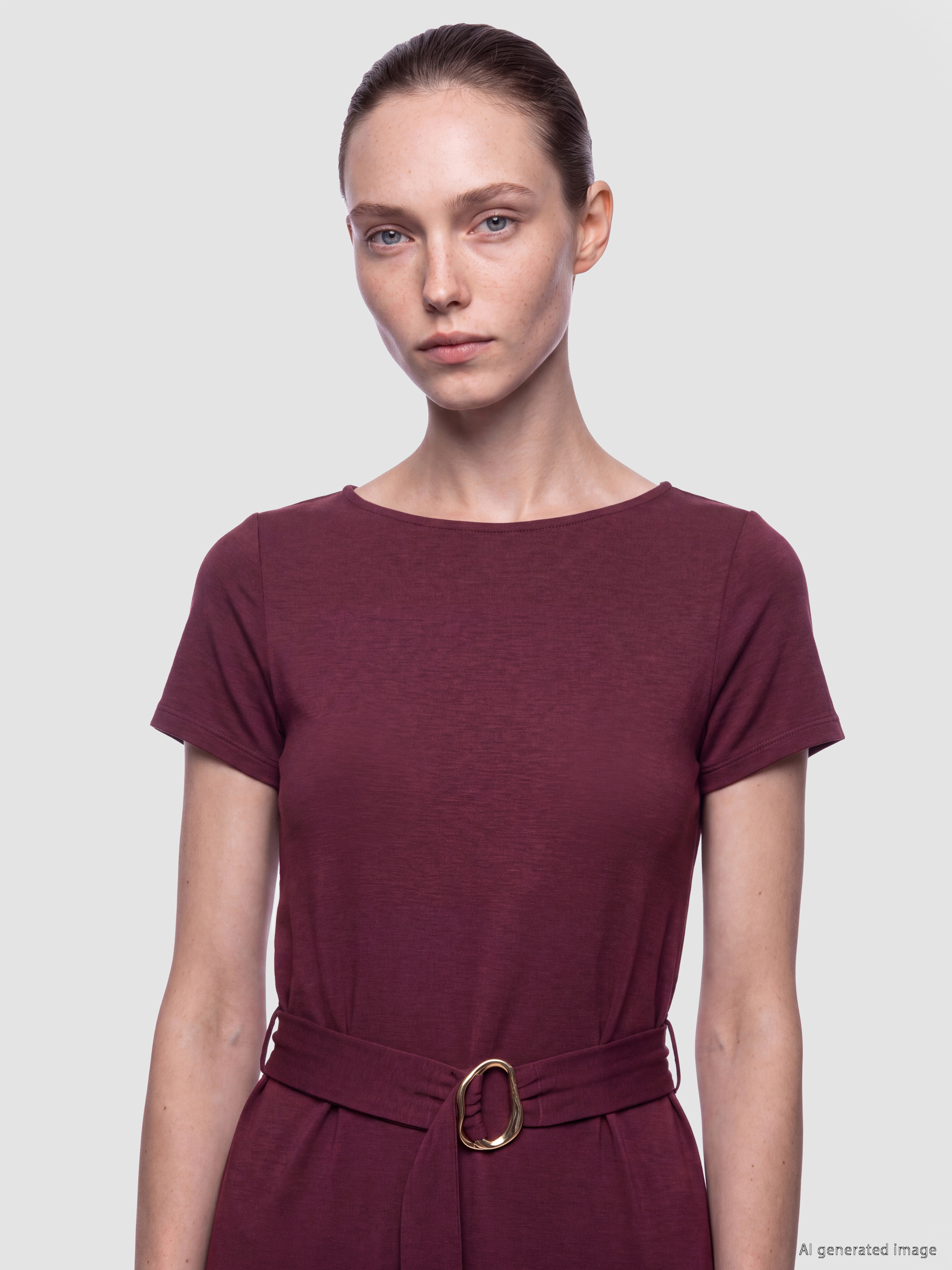LCW Comfort Bisiklet Yaka Beli Kemerli Kloş Elbise