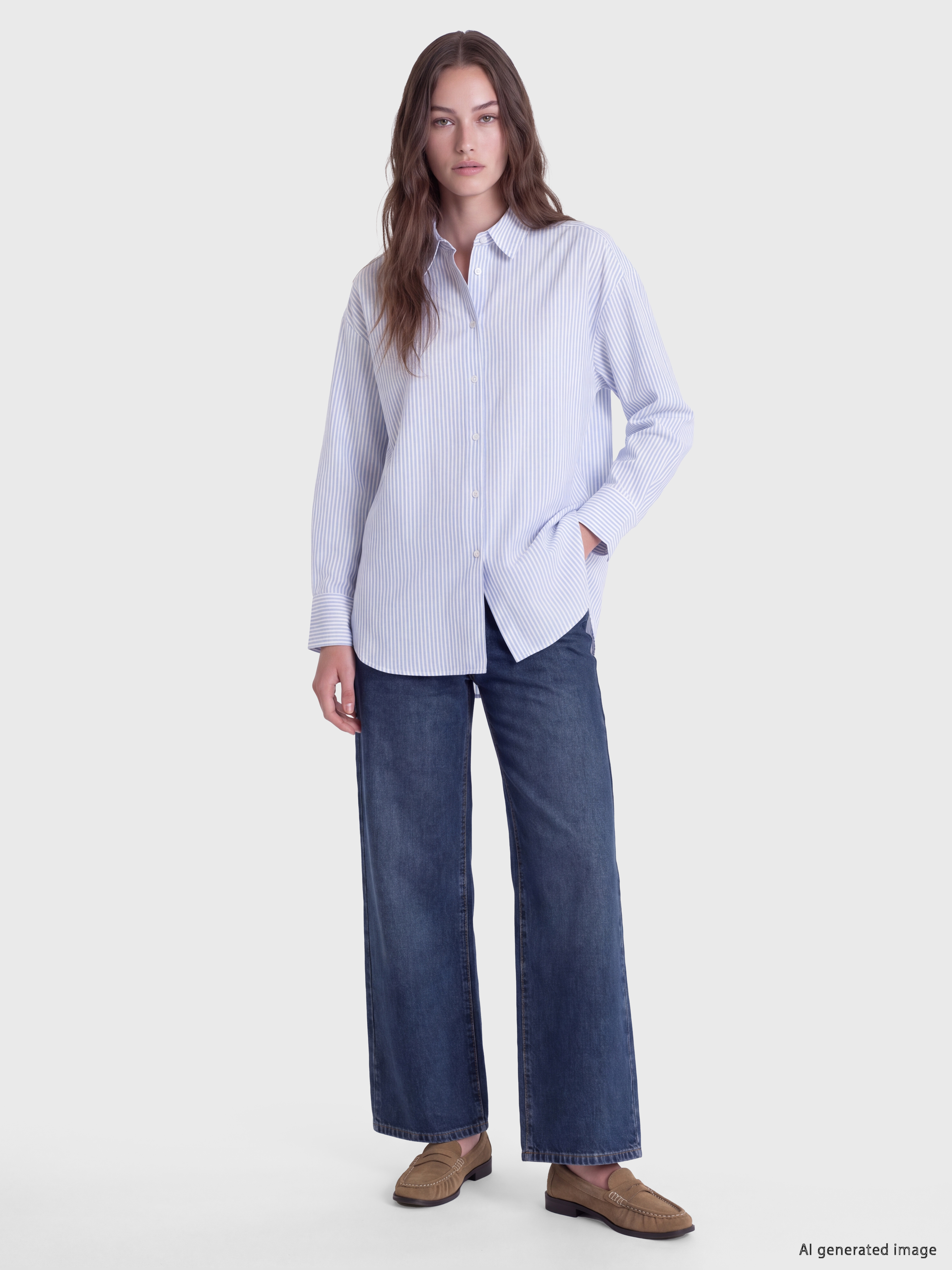 LCW Modest Çizgili Oxford Kadın Gömlek görsel 2