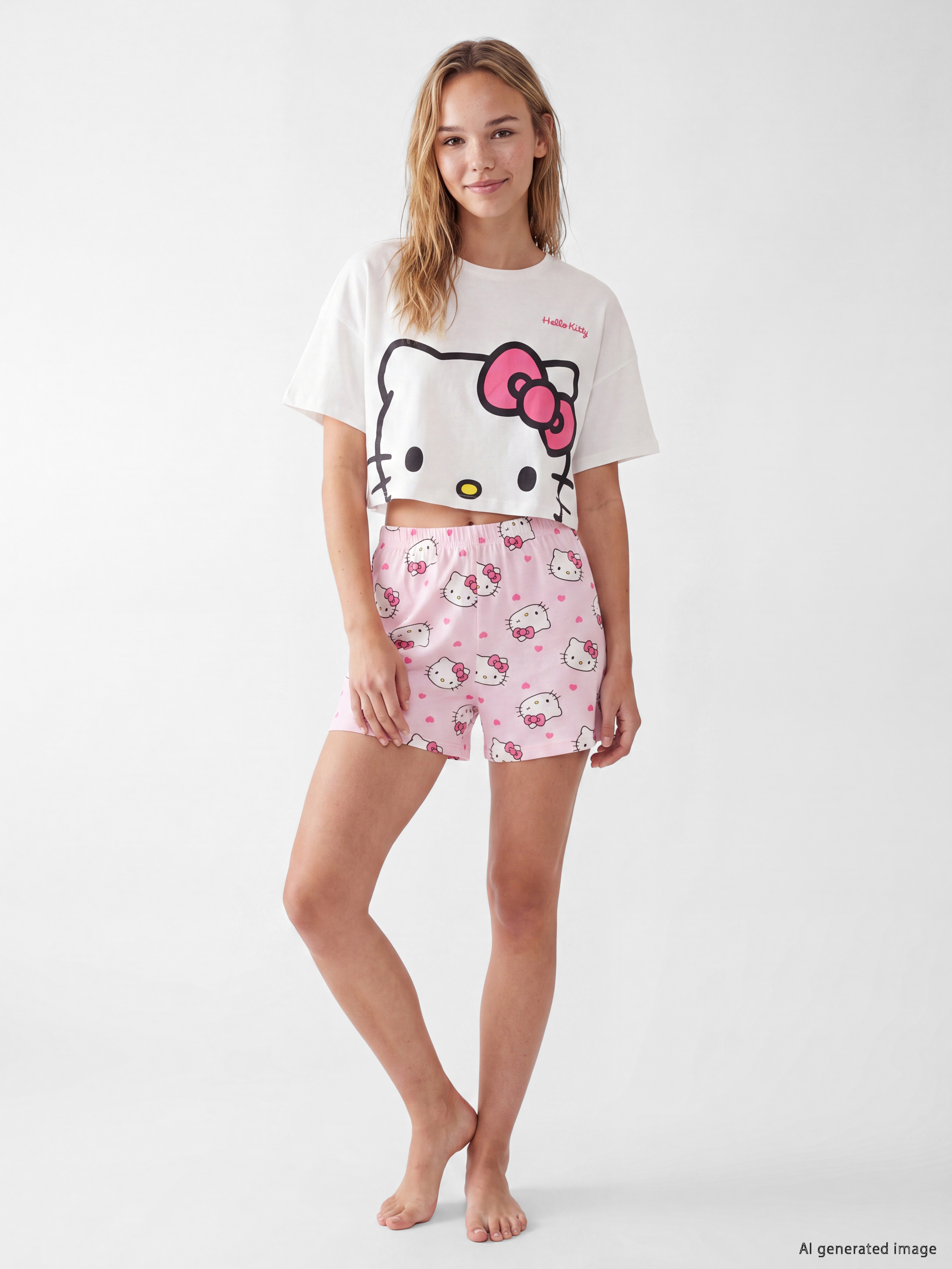 LCW Young Keseli Hello Kitty Baskılı Kadın Şortlu Pijama Takımı