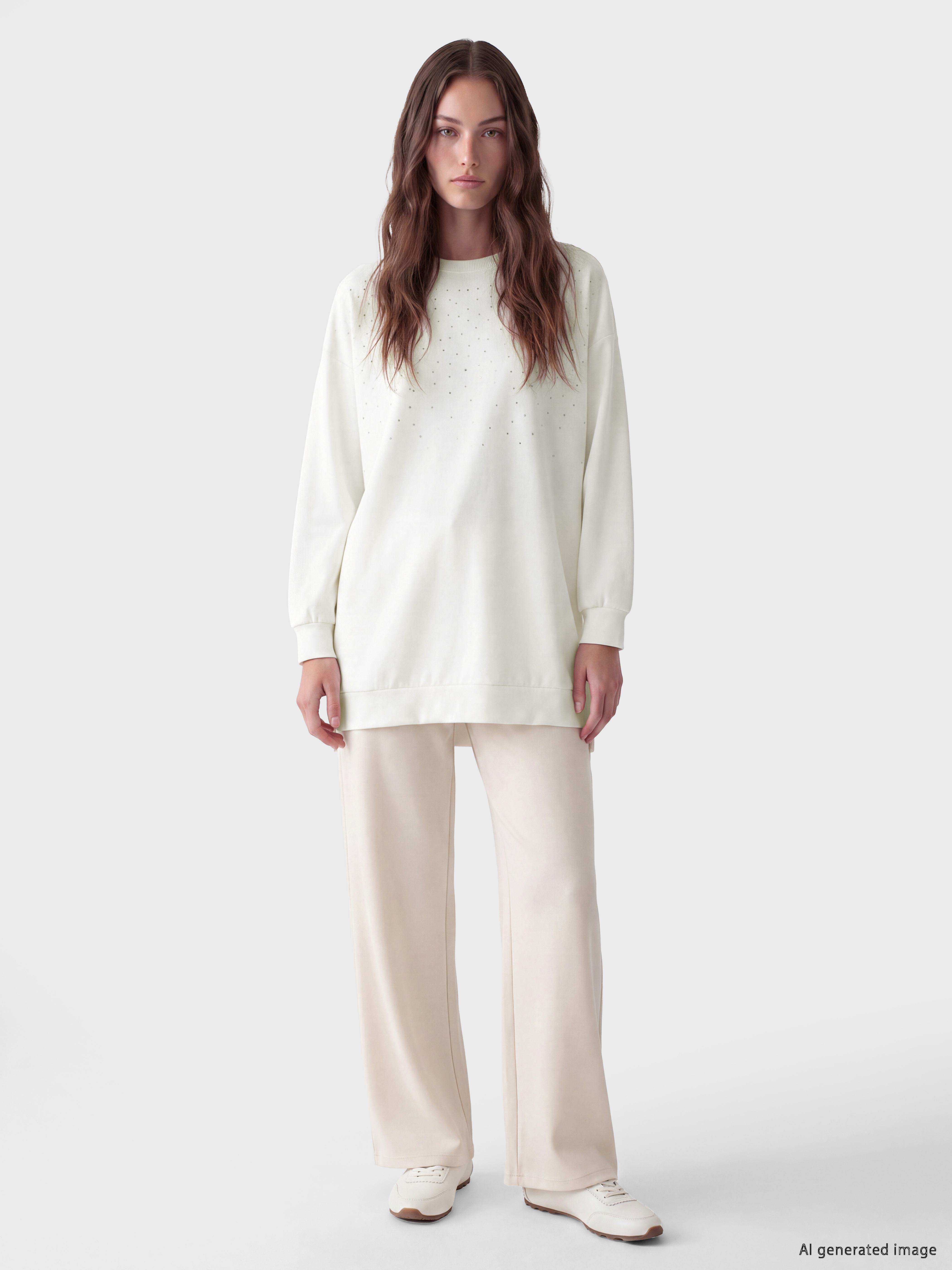 LCW Modest Taşlı Soft Touch Kadın Sweatshirt Tunik görsel 2