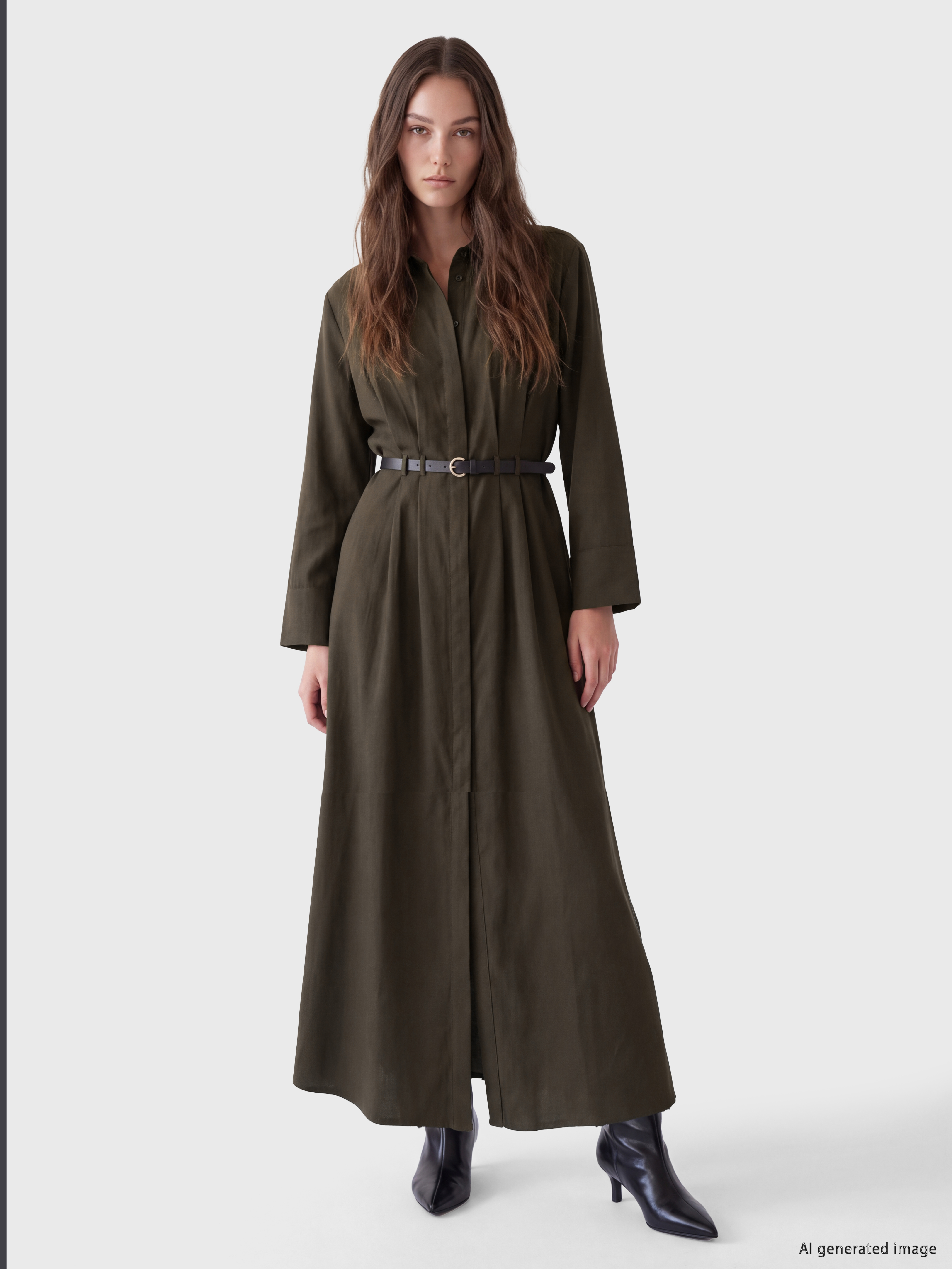 LCW Modest Beli Kemerli Pileli Gömlek Elbise