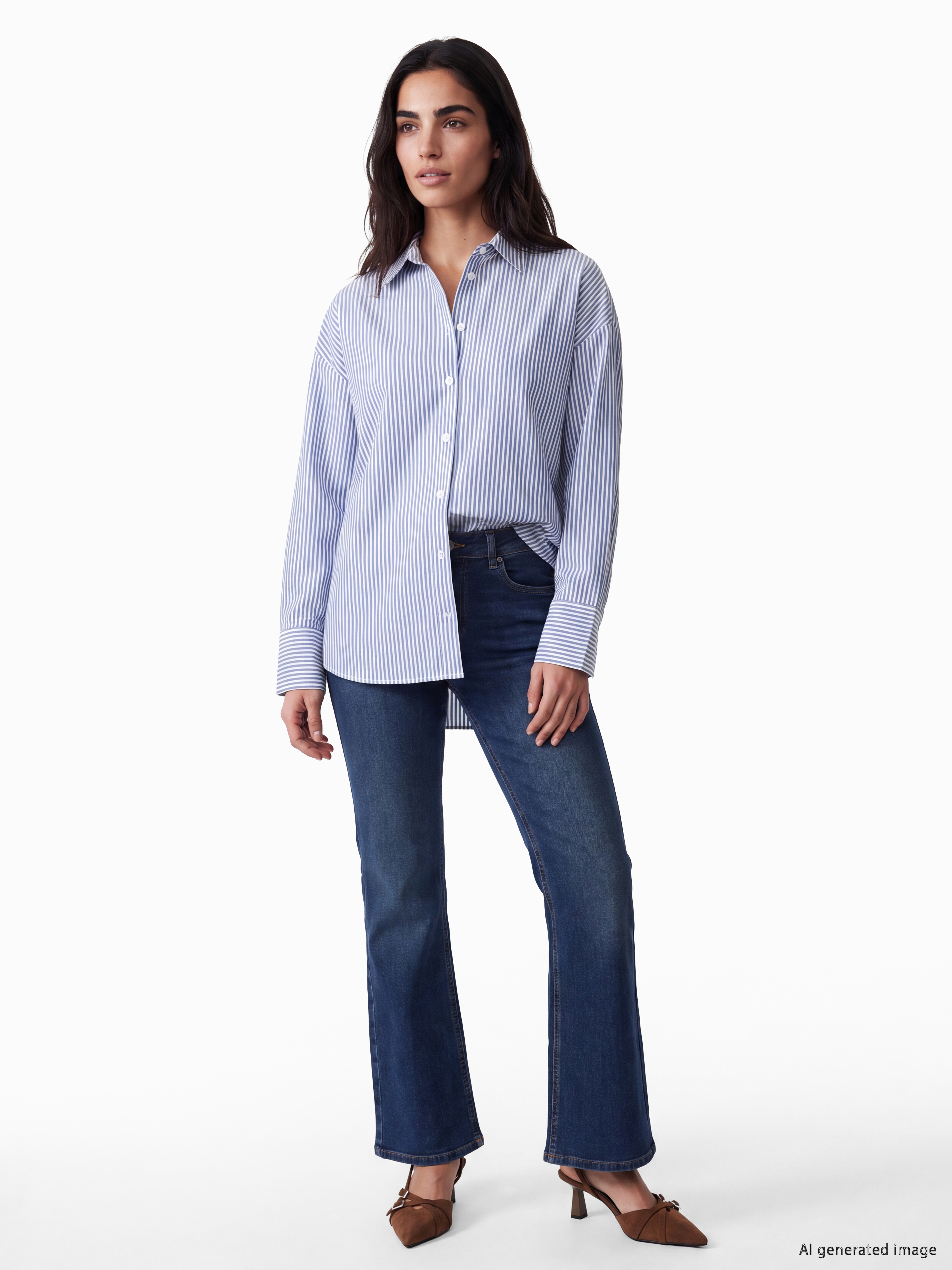LCW Vision Çizgili Oversize Oxford Kadın Gömlek görsel 2