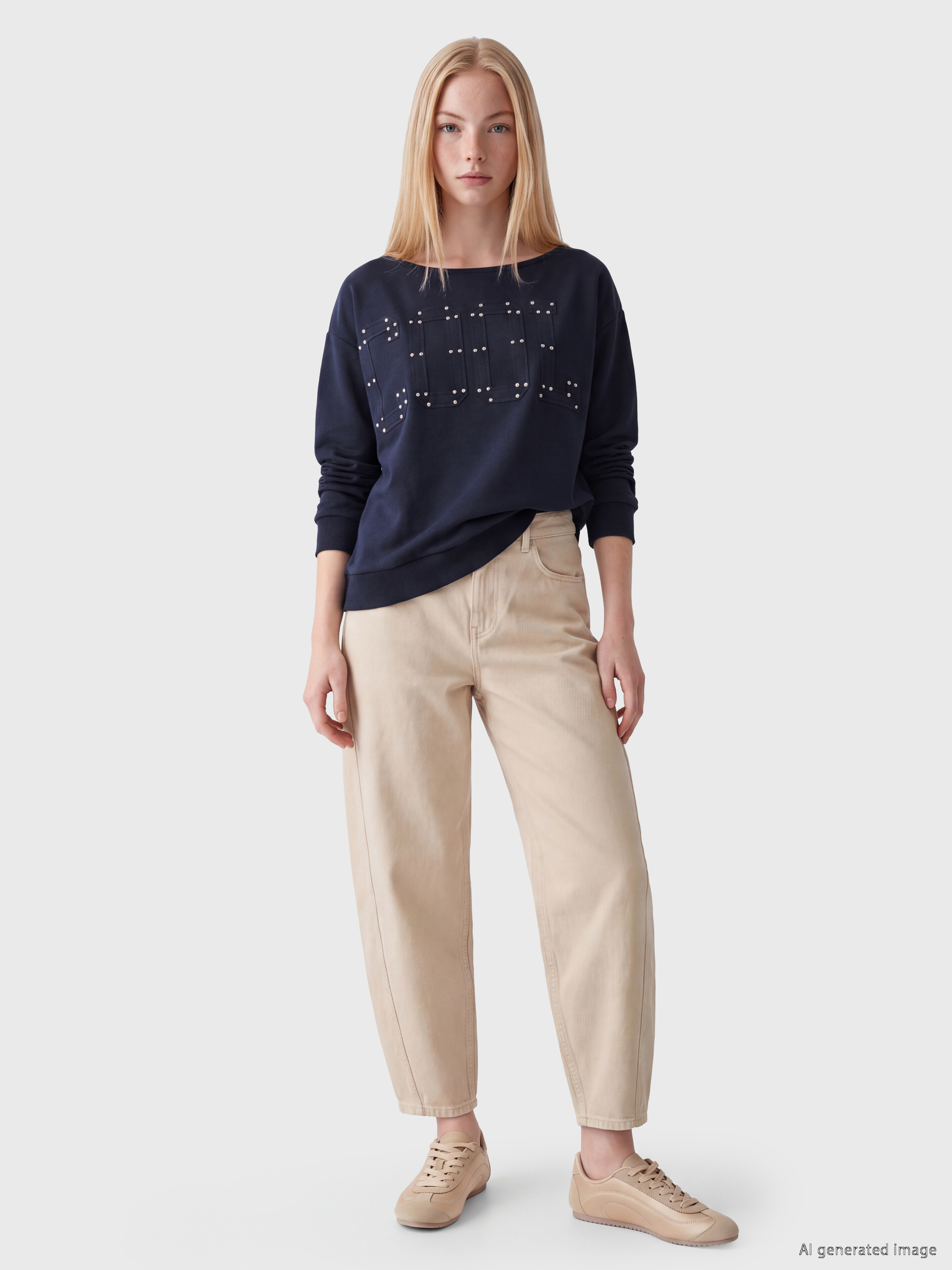 XSIDE Kayık Yaka Nakışlı Oversize Kadın Sweatshirt görsel 2