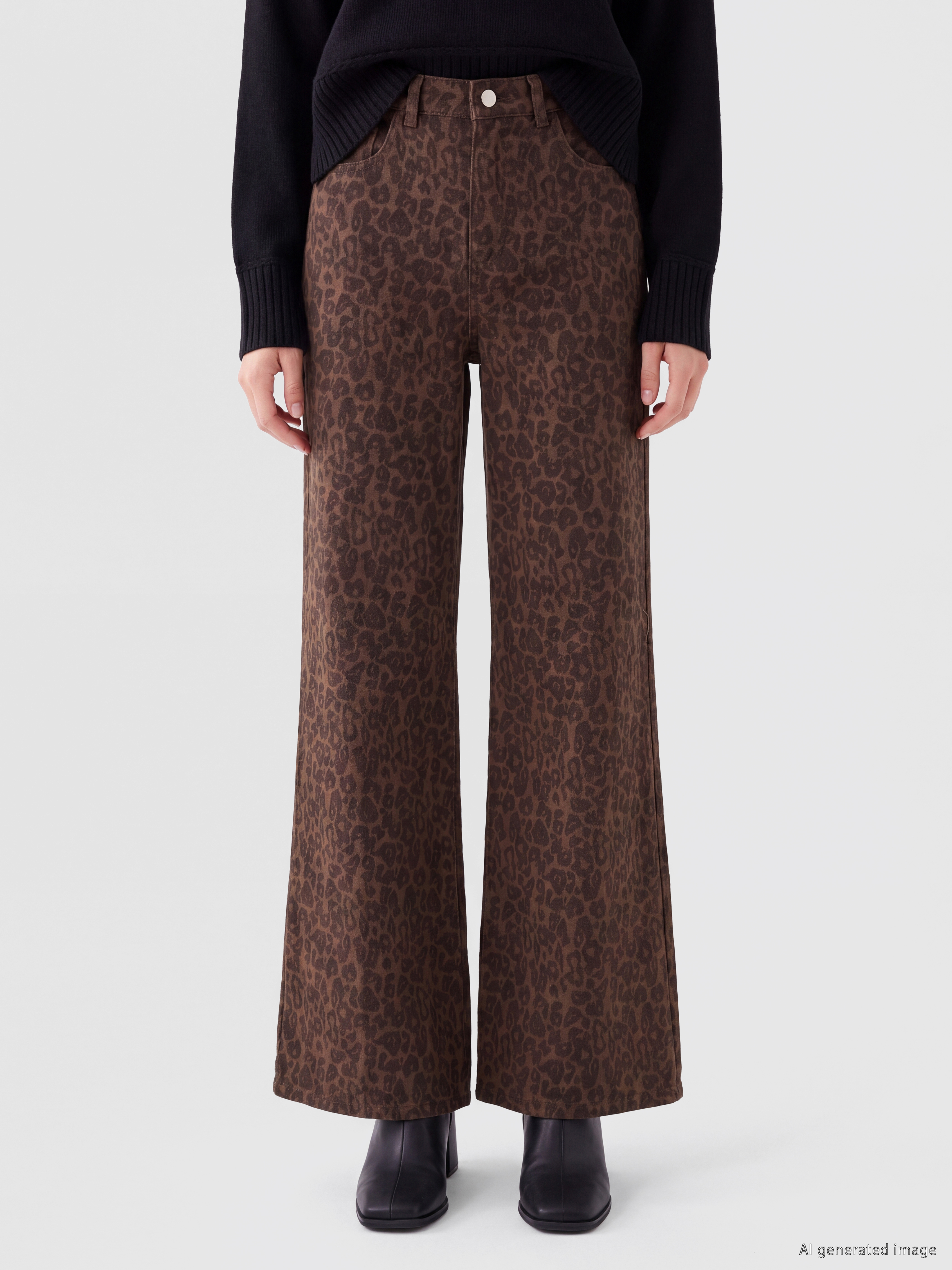LCW Modest Leopar Desenli Wideleg Kadın Jean Pantolon görsel 2