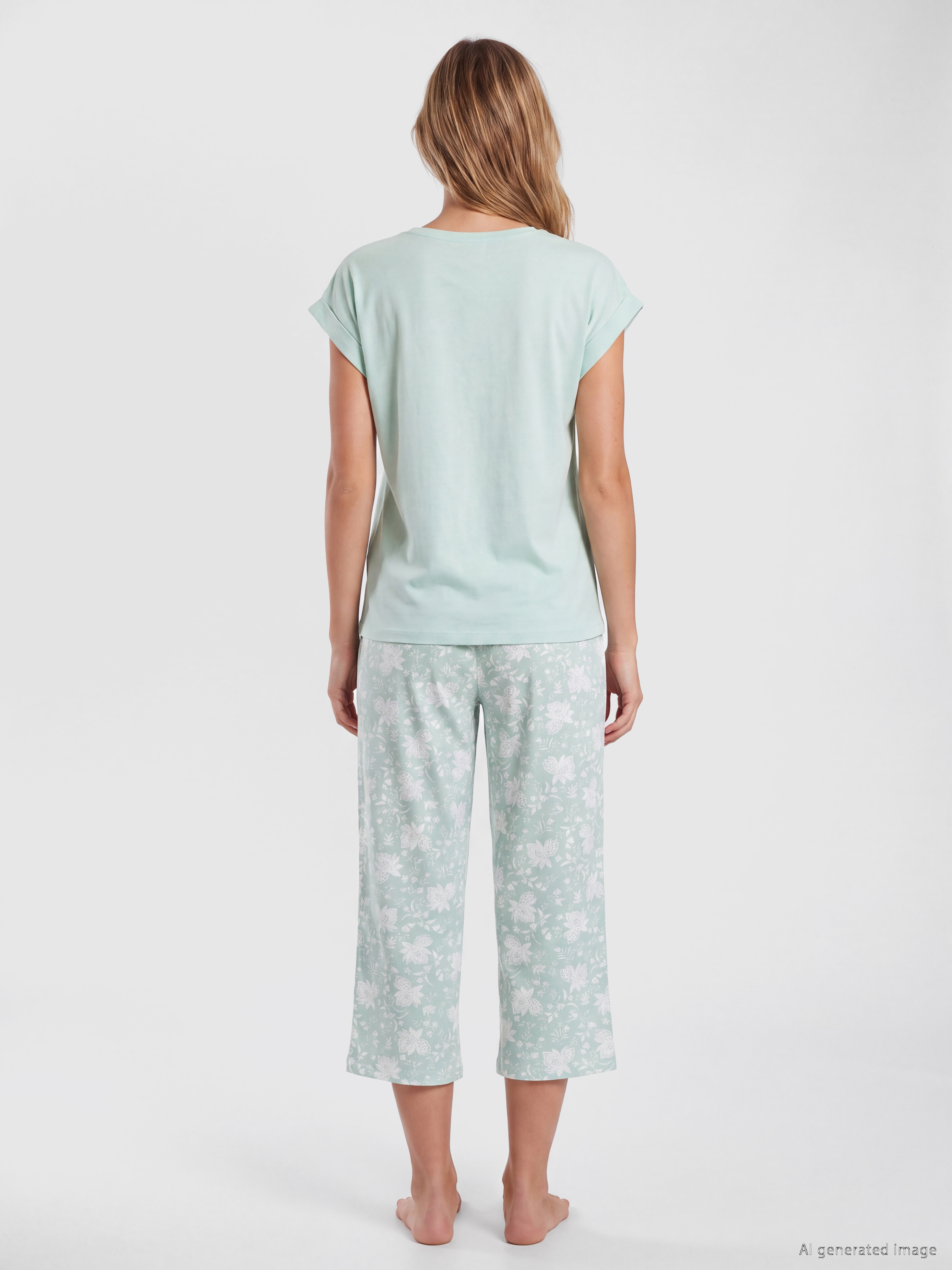 LCW DREAM Bisiklet Yaka Çiçekli Kadın Kaprili Pijama Takımı görsel 4