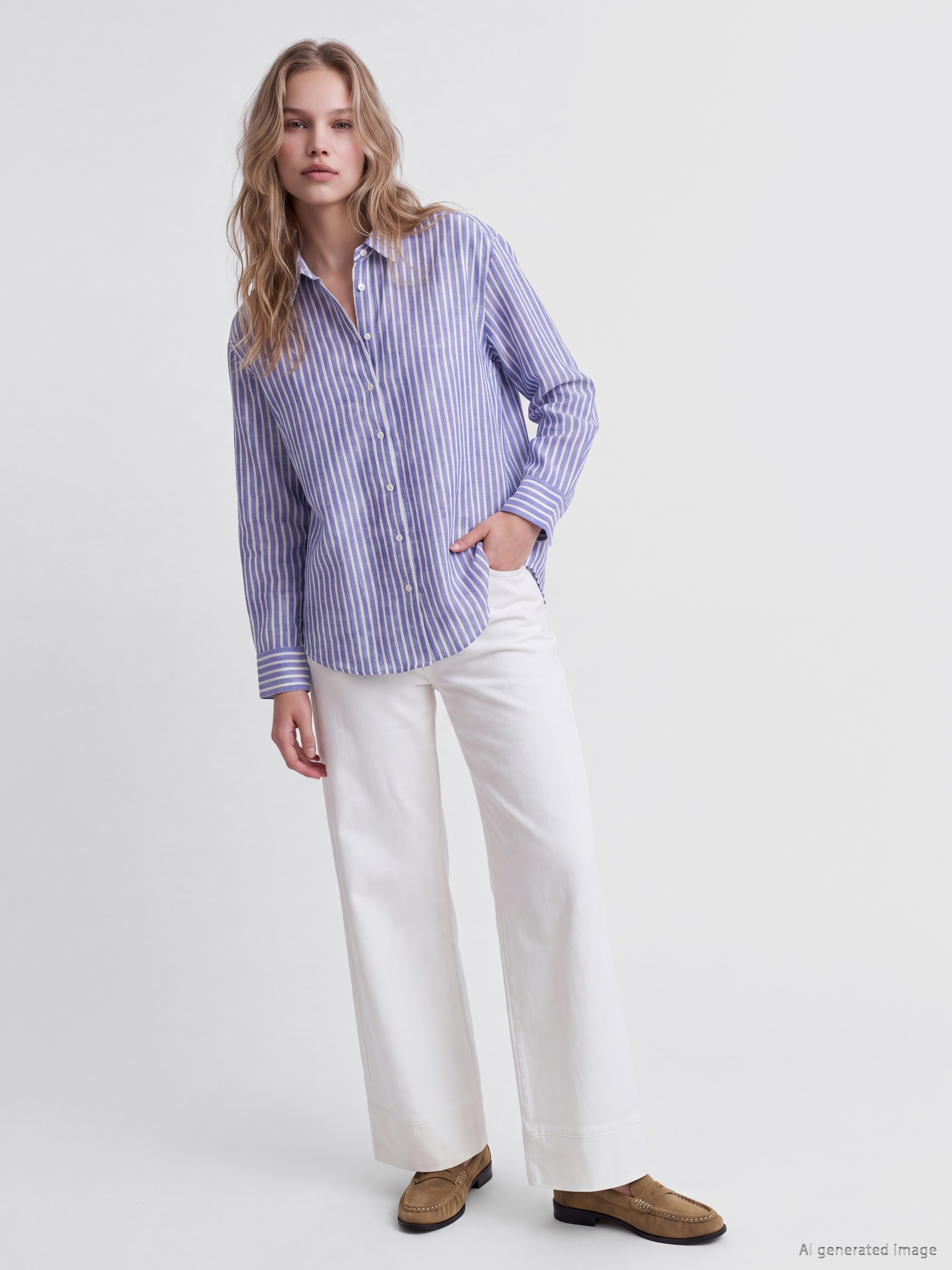 LCW Vision Çizgili Oversize Poplin Kadın Gömlek görsel 2