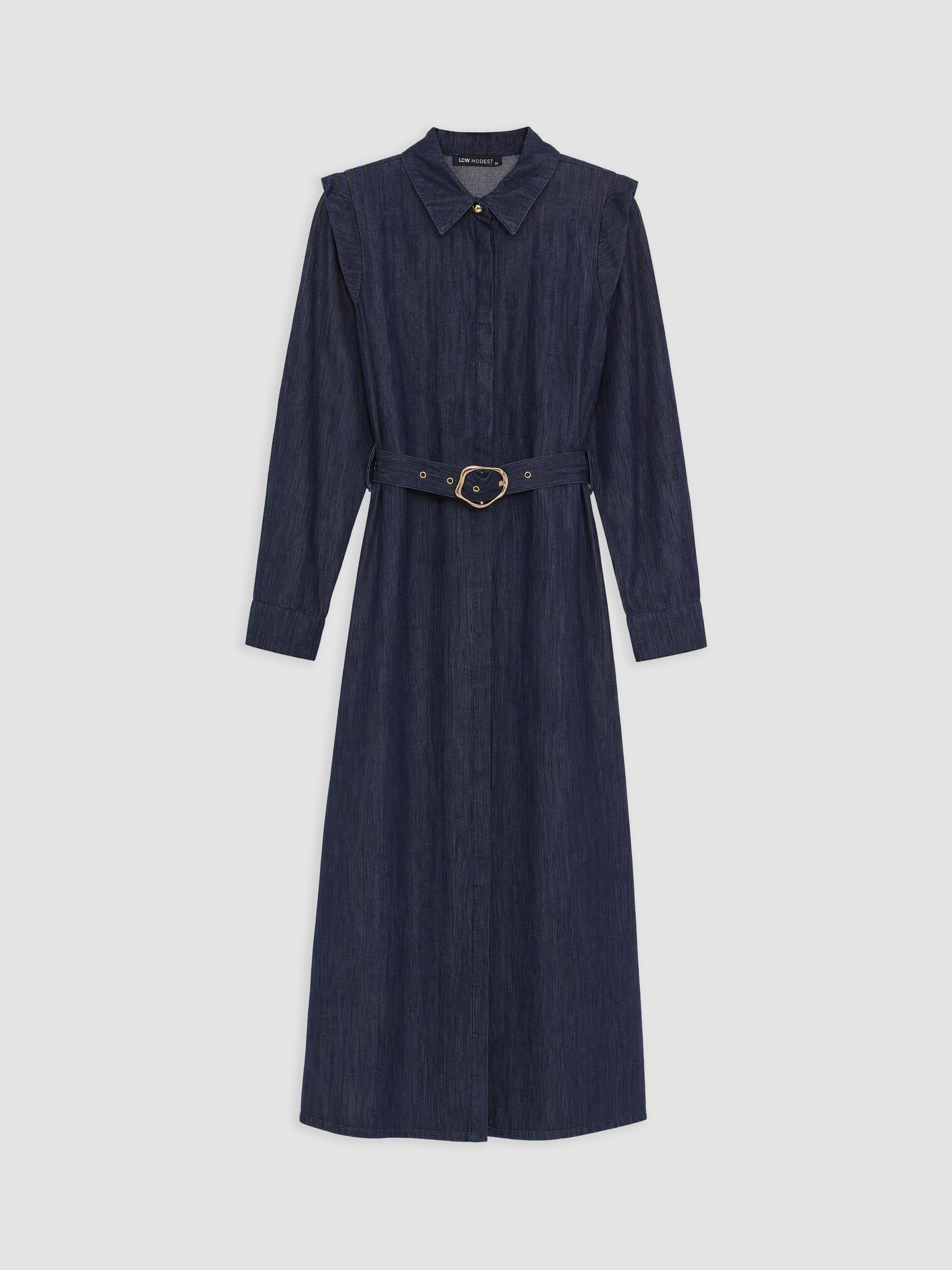 LCW Modest Beli Kemerli Fırfırlı Jean Gömlek Elbise görsel 4