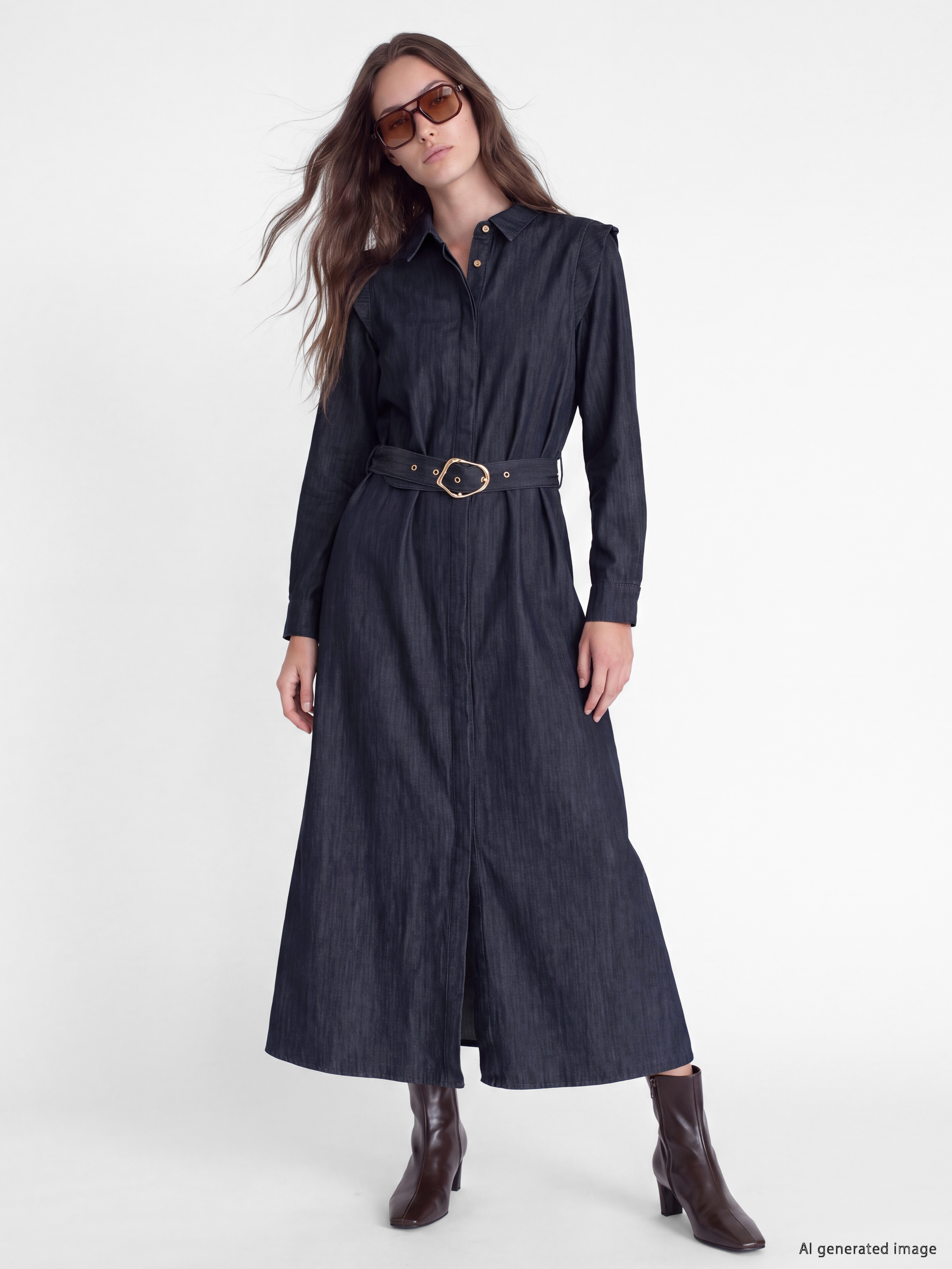 LCW Modest Beli Kemerli Fırfırlı Jean Gömlek Elbise