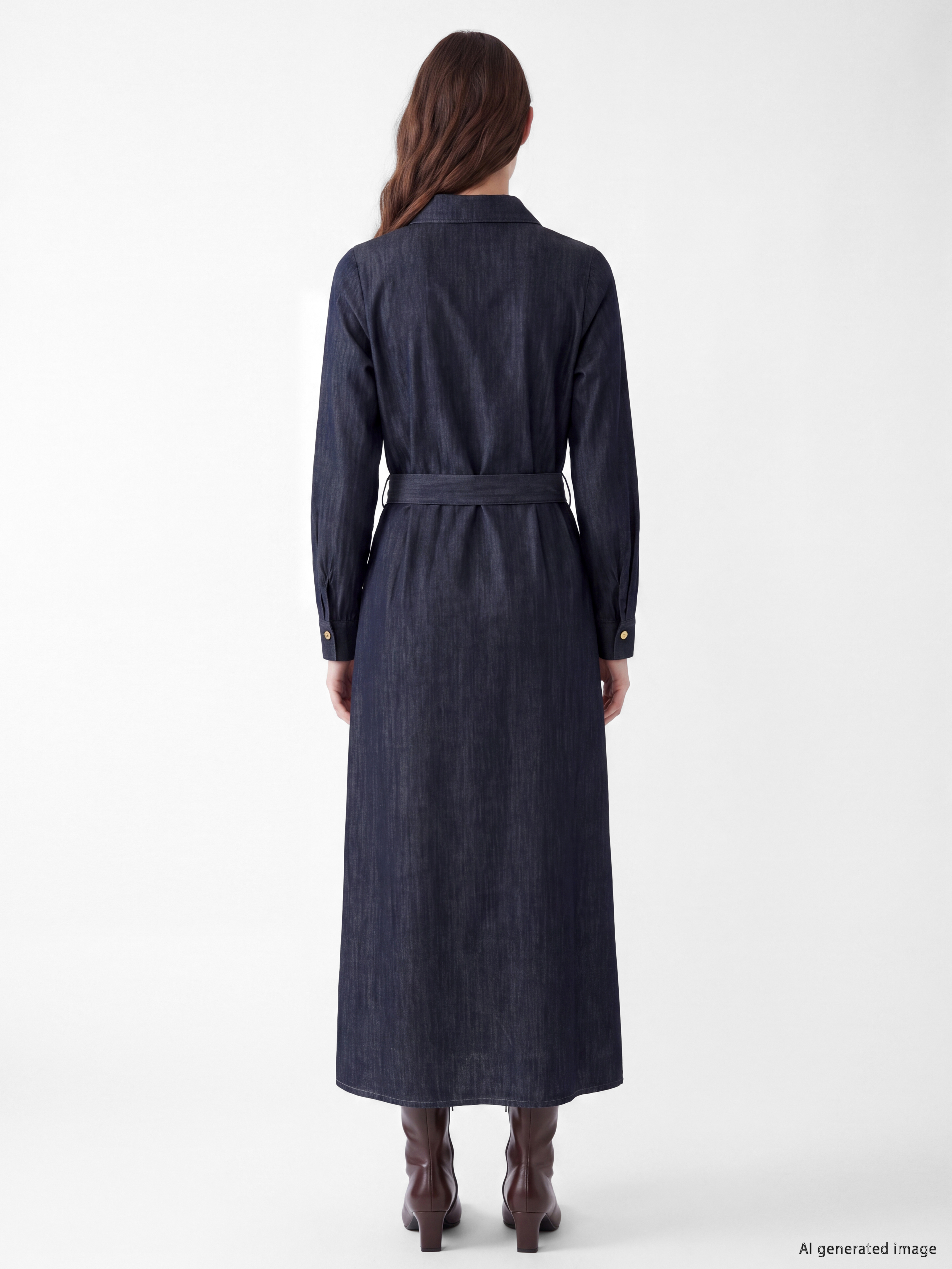 LCW Modest Beli Kemerli Fırfırlı Jean Gömlek Elbise görsel 3