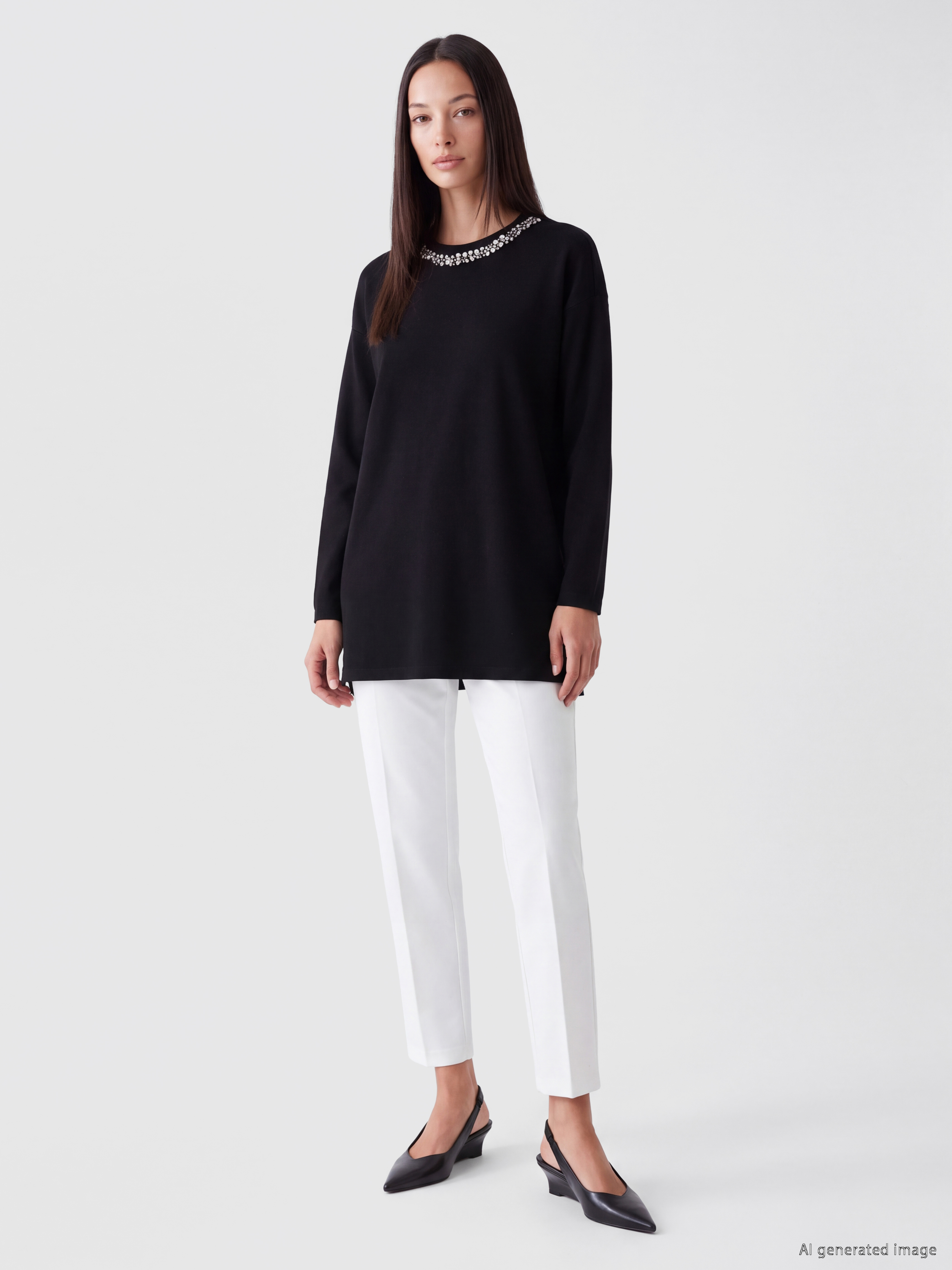 LCW EVERYDAY Soft Touch Taşlı Oversize Kadın Sweatshirt Tunik görsel 2