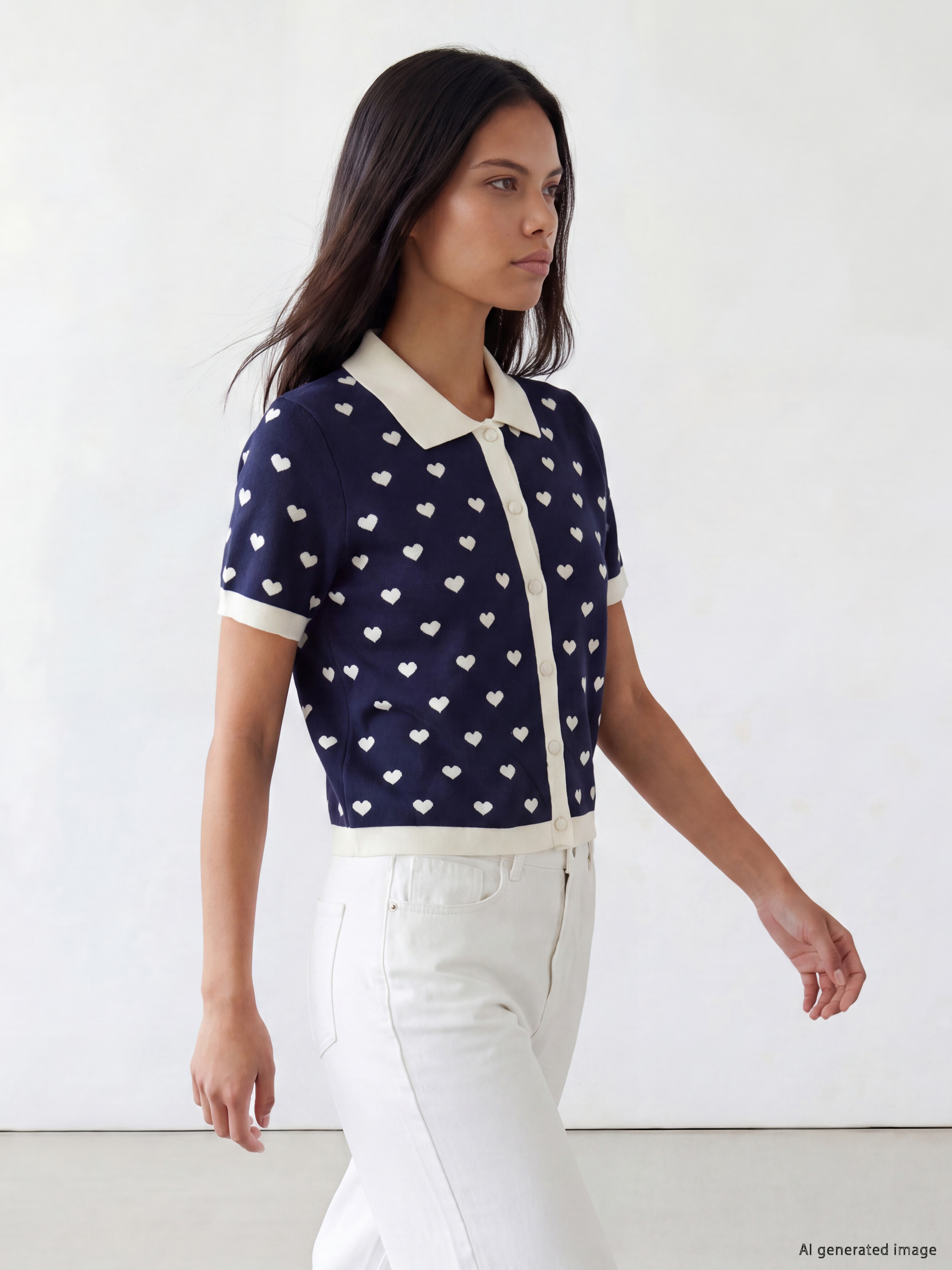 LCW Comfort Polo Yaka Kalp Desenli Kadın Triko Hırka