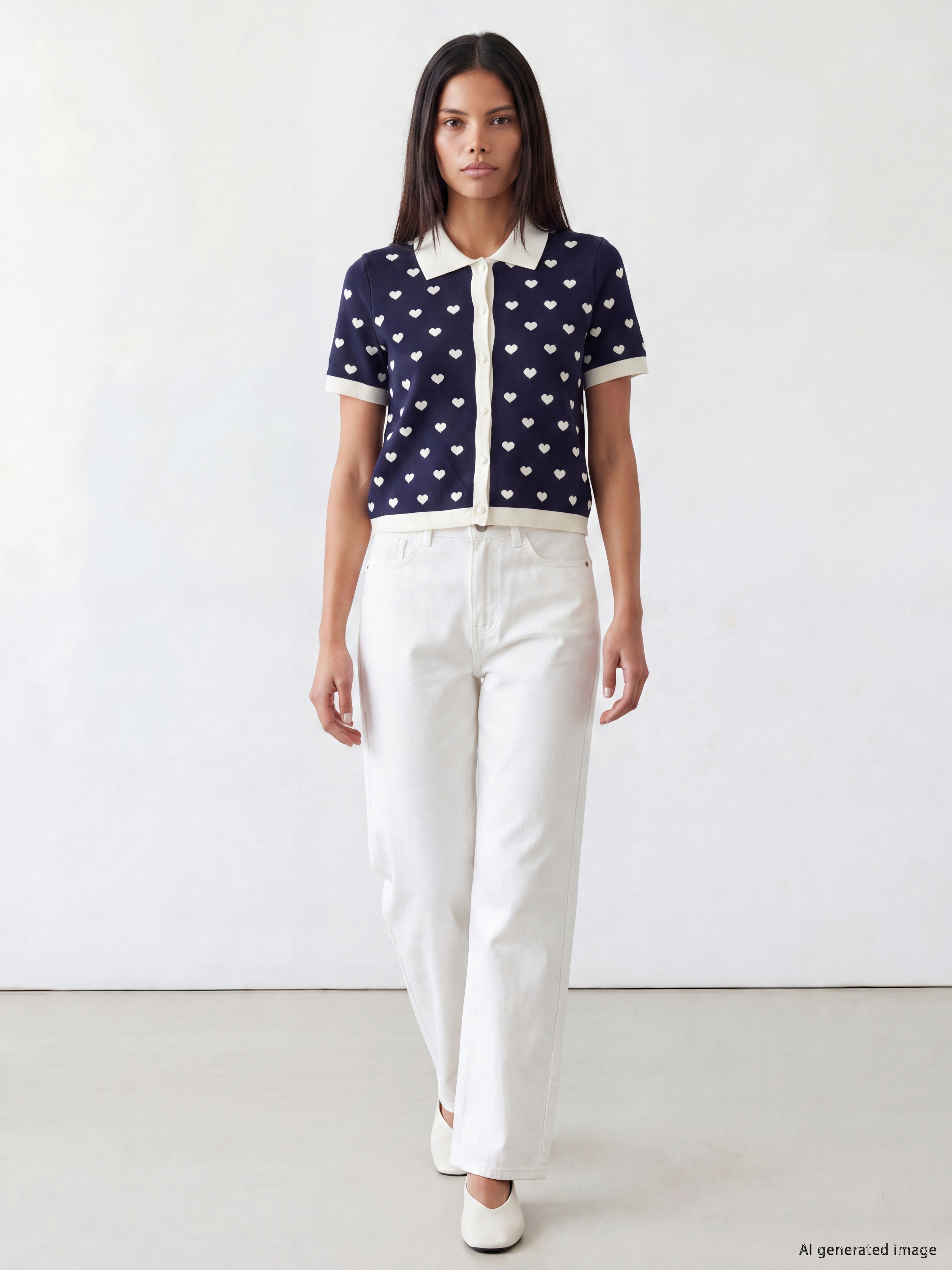 LCW Comfort Polo Yaka Kalp Desenli Kadın Triko Hırka görsel 2