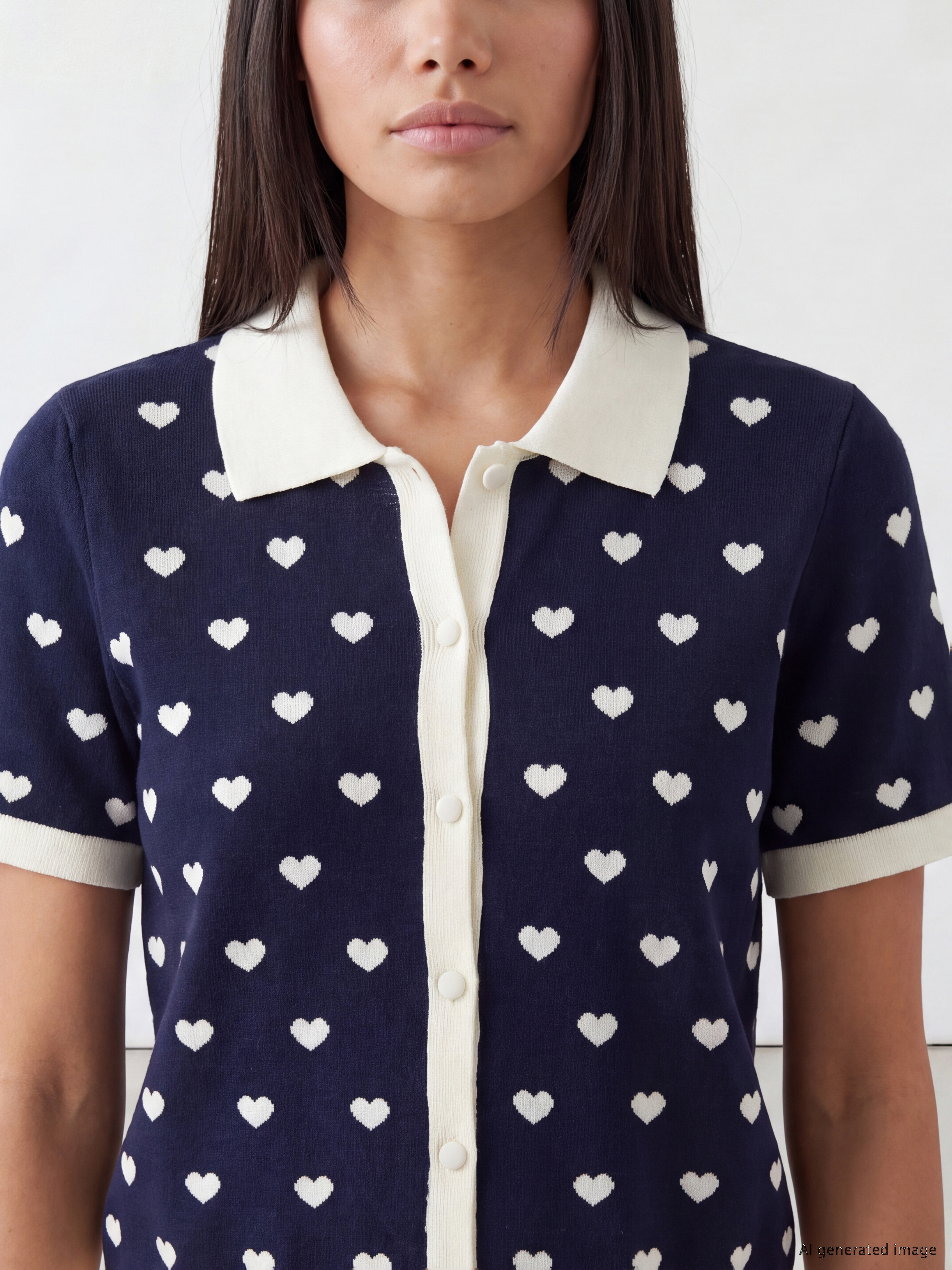 LCW Comfort Polo Yaka Kalp Desenli Kadın Triko Hırka görsel 3