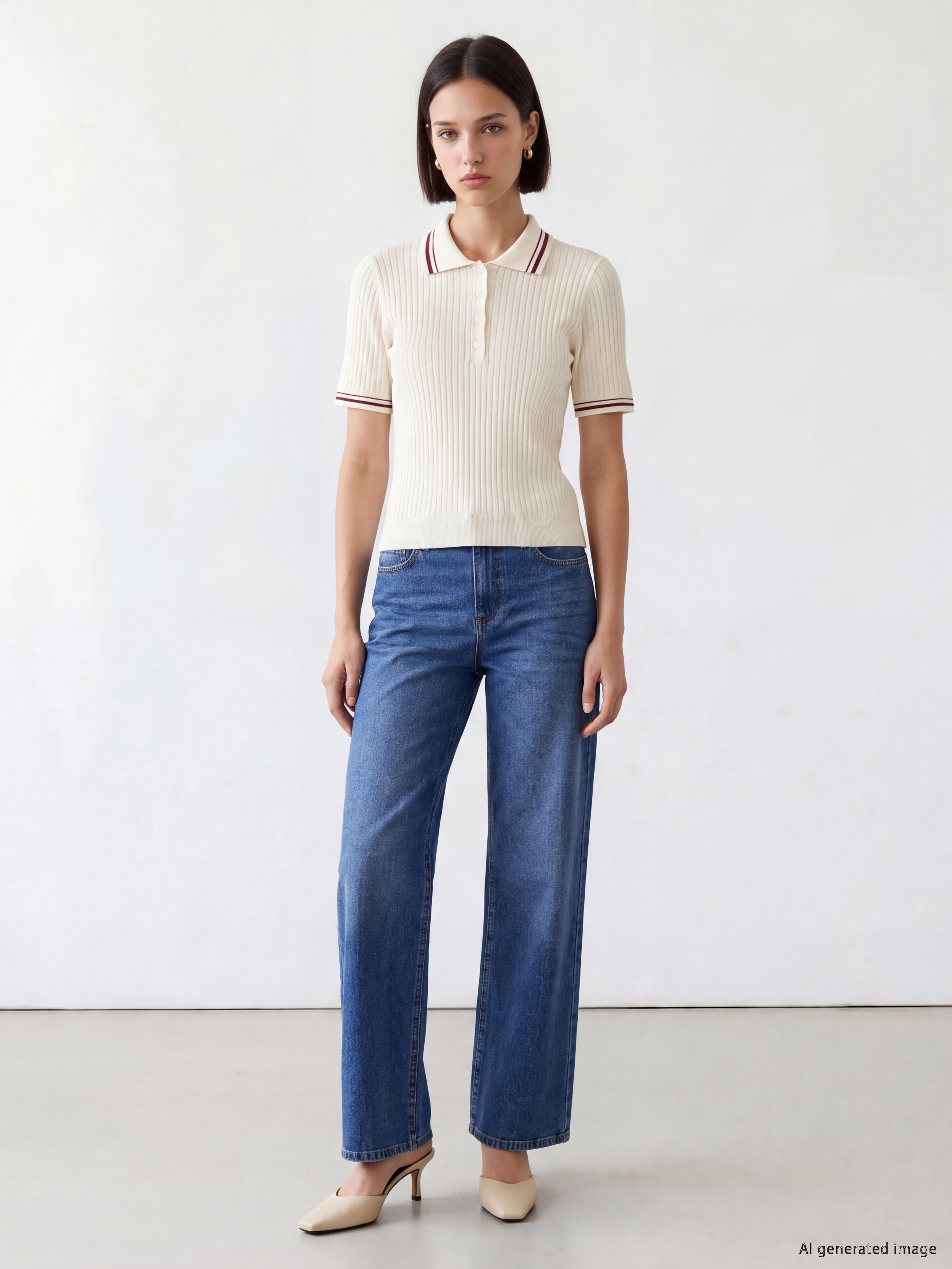 LCW Comfort Polo Yaka Çizgili Kadın Triko Kazak görsel 2