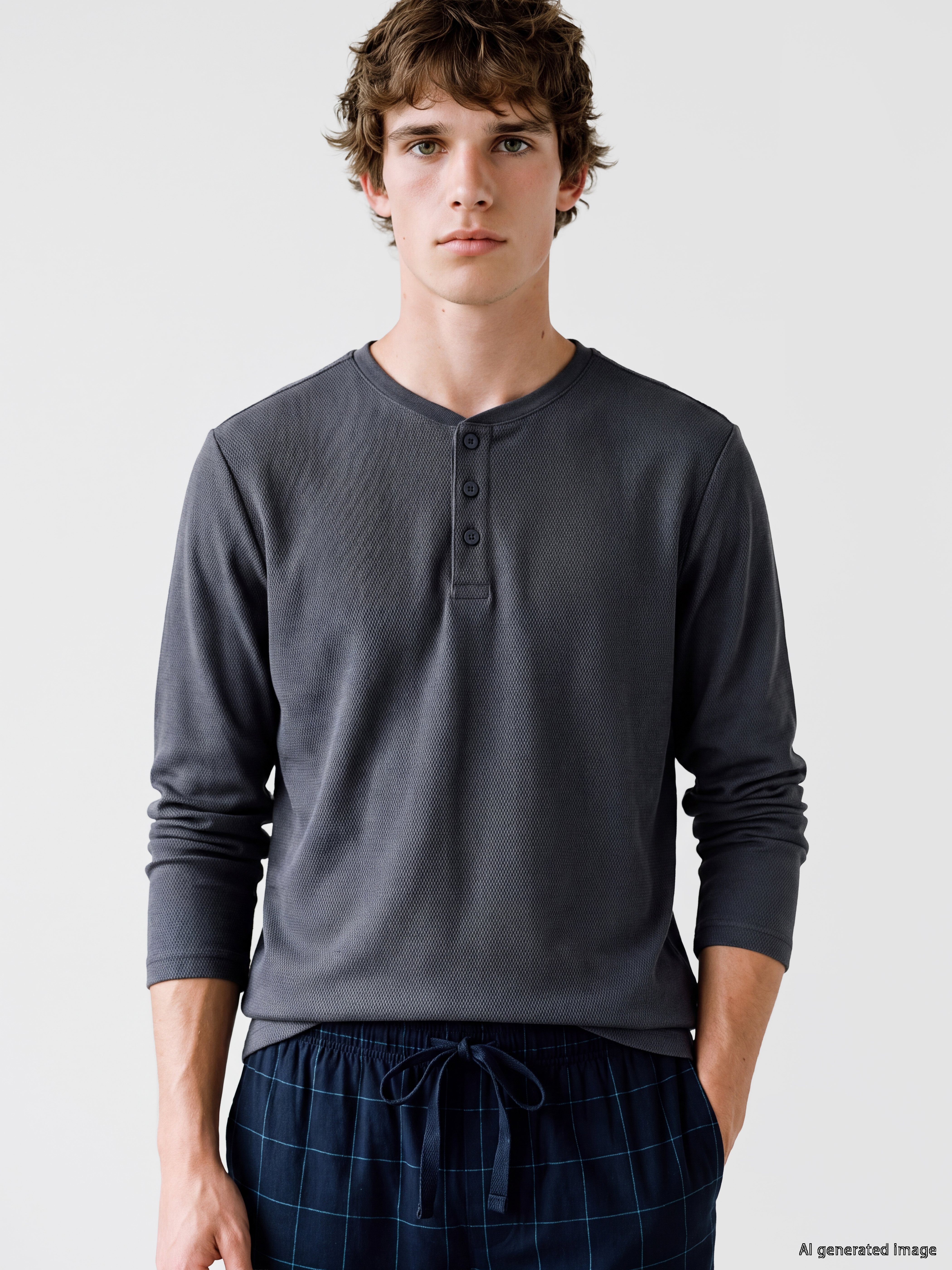 LC WAIKIKI Henley Yaka Uzun Kollu Erkek Pijama Üst görsel 2