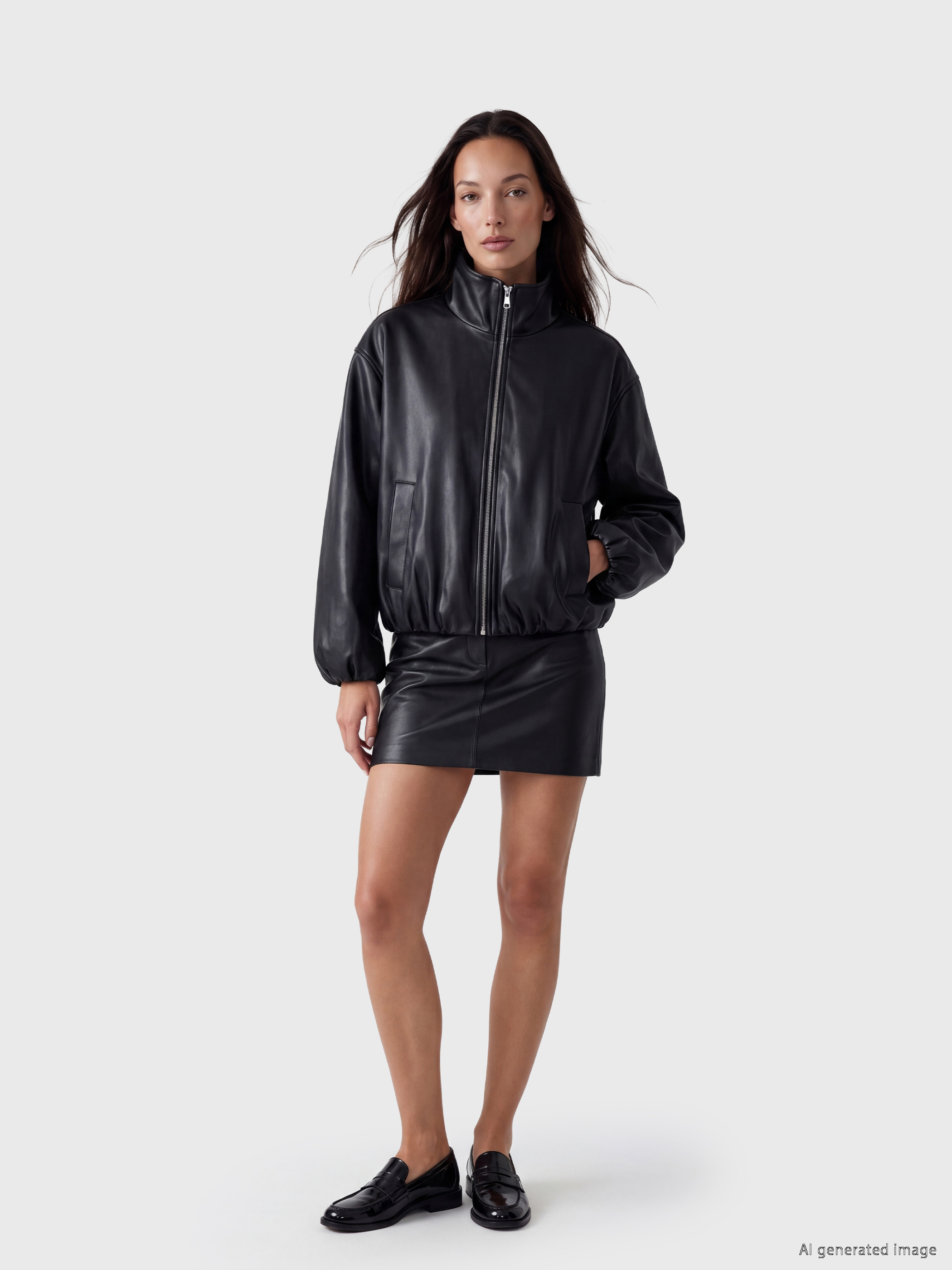 LCWAIKIKI Classic Oversize Kadın Bomber Deri Görünümlü Ceket görsel 2
