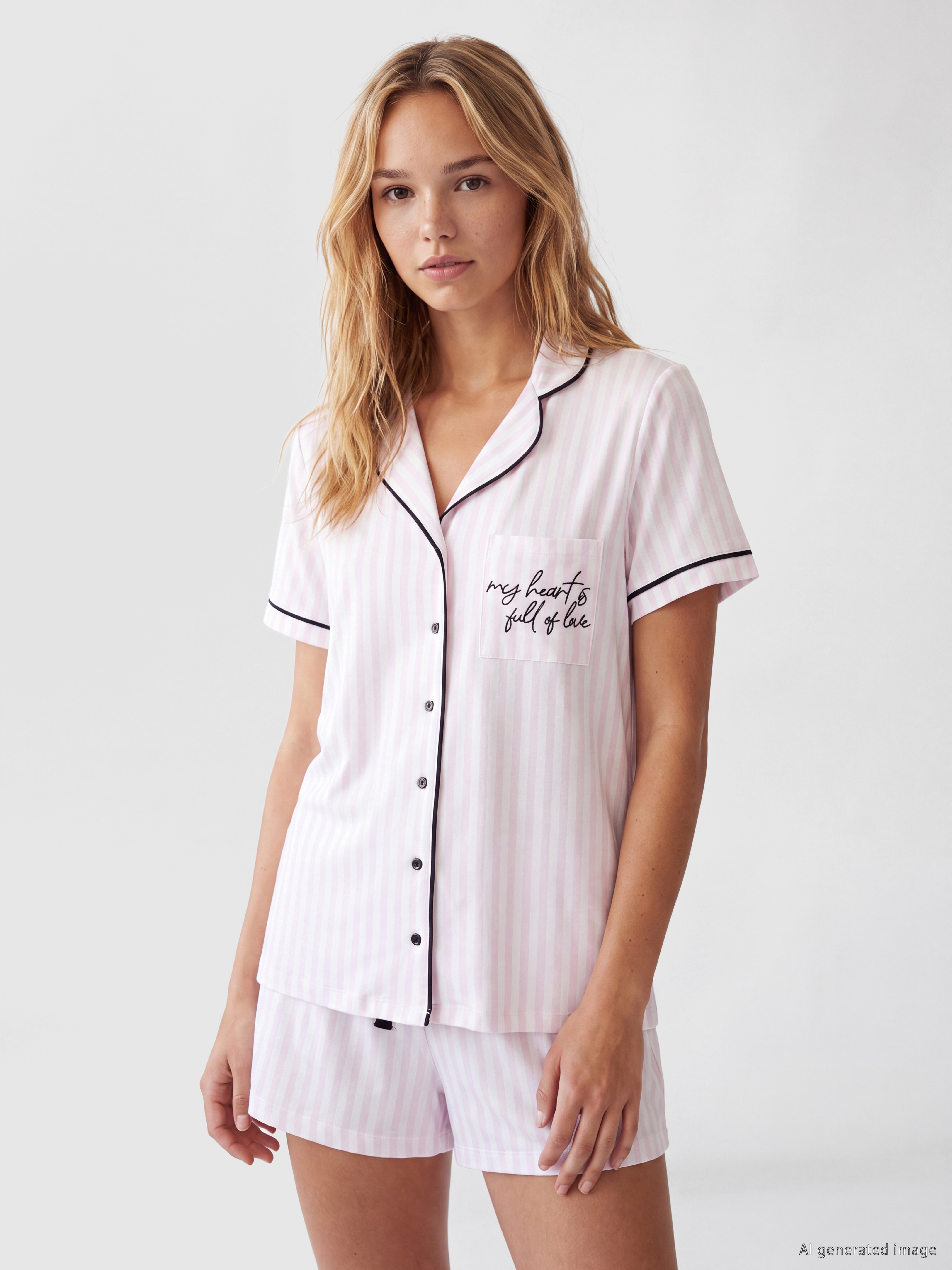 LCW DREAM Çizgili %100 Pamuklu Kadın Şortlu Pijama Takımı görsel 2