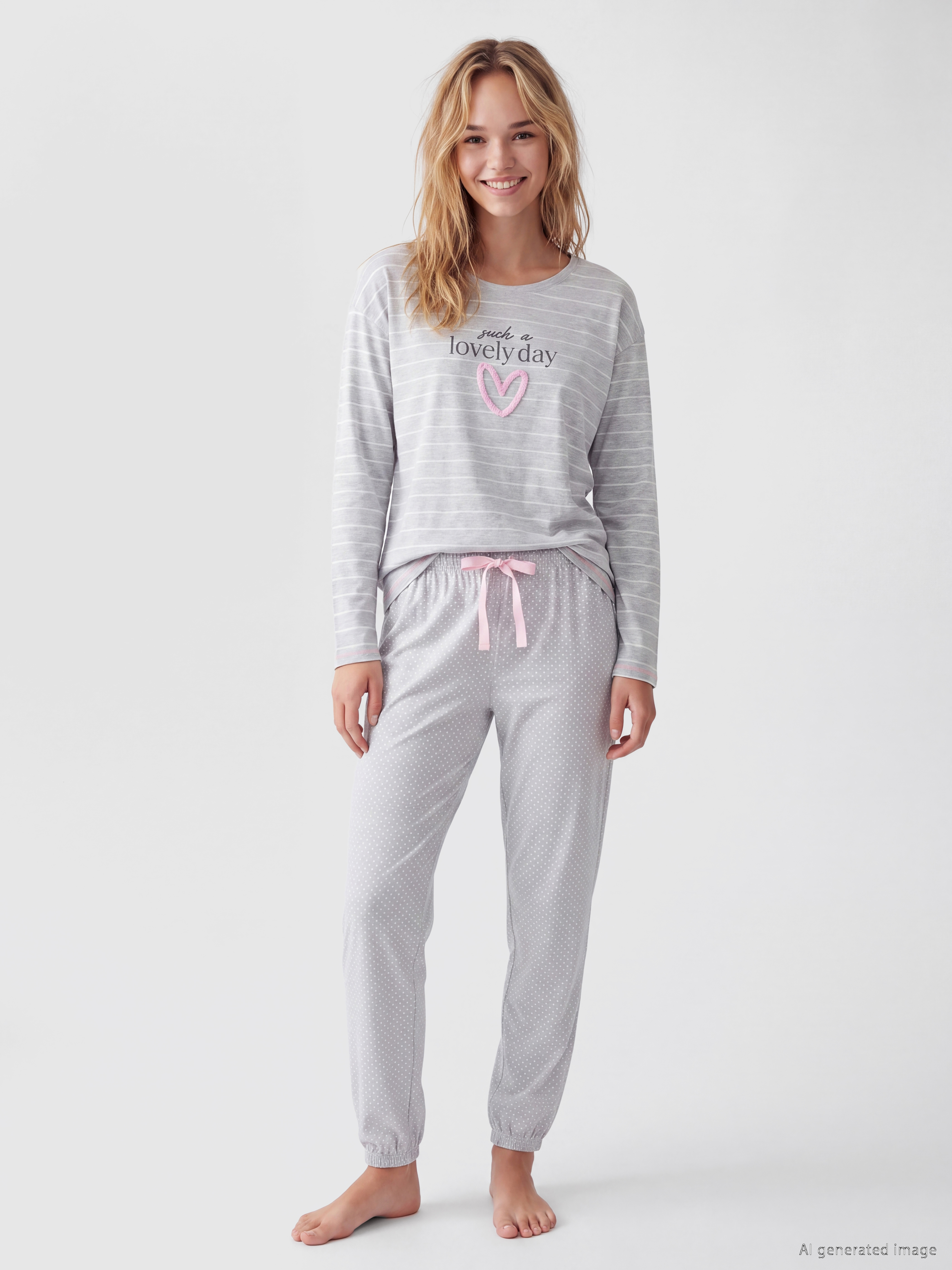 LCW DREAM Bisiklet Yaka Çizgili Kadın Pijama Takımı görsel 2