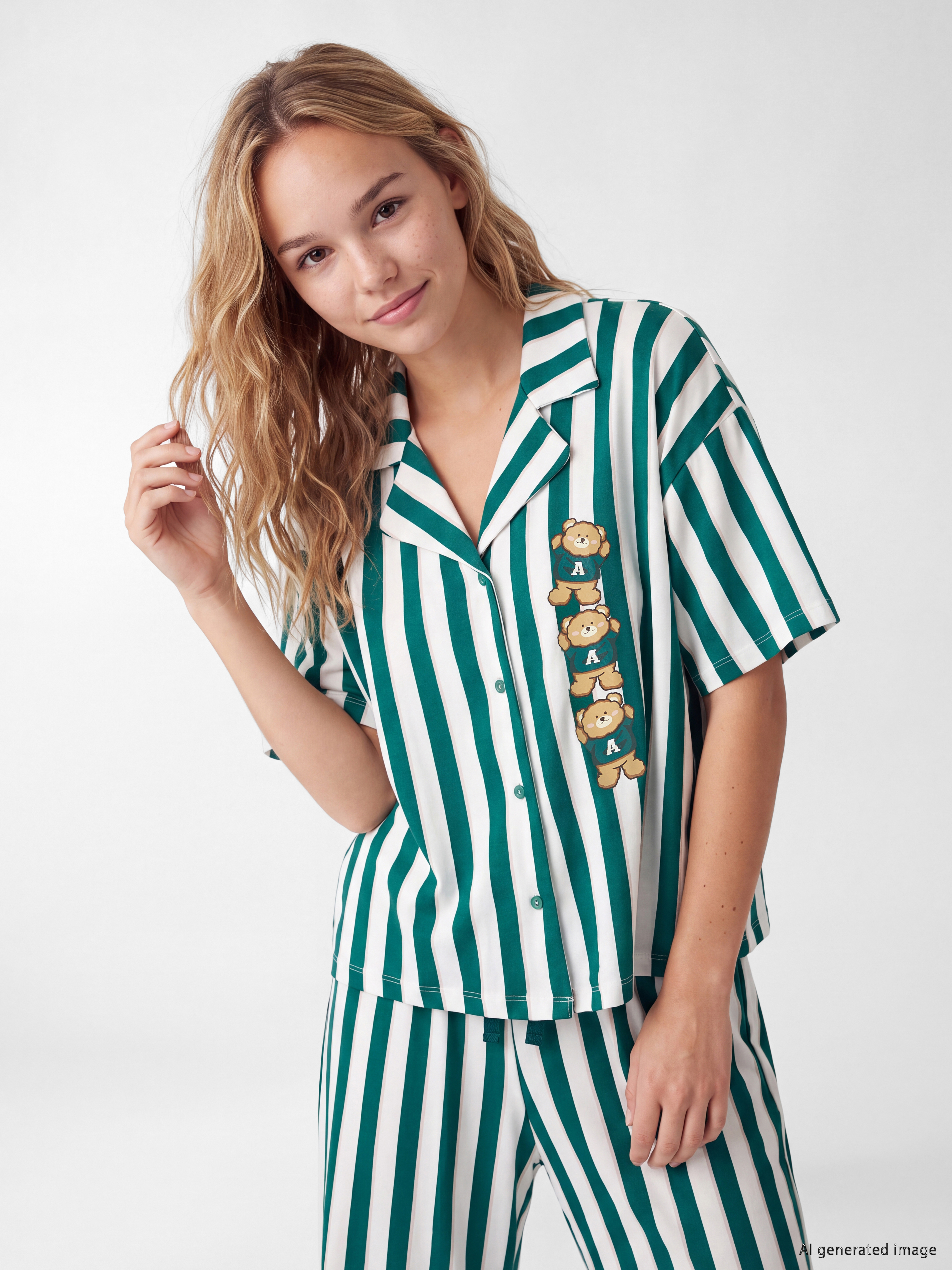 LCW Young Gömlek Yaka Çizgili Kadın Pijama Takımı görsel 2
