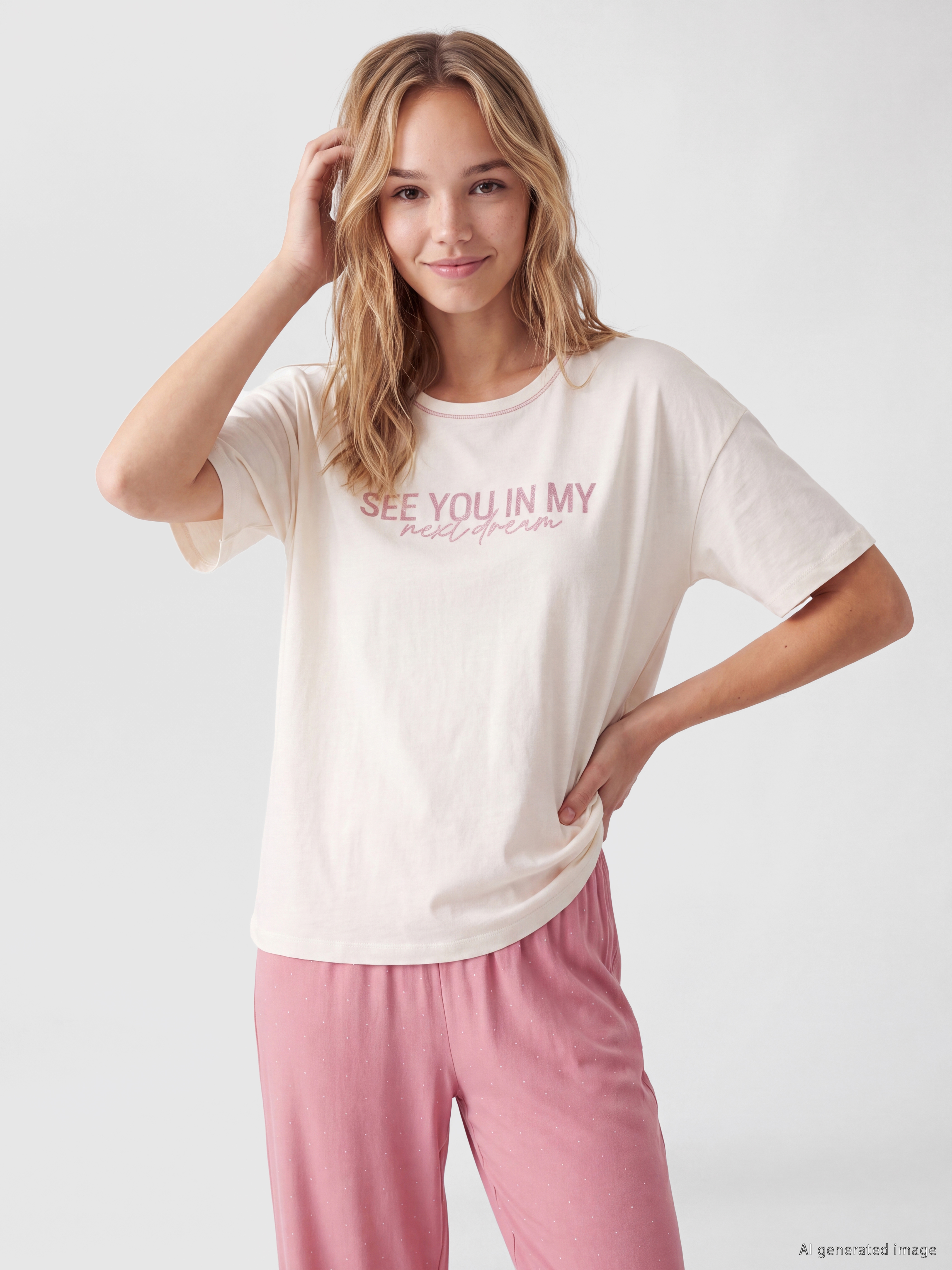 LCW DREAM Bisiklet Yaka Baskılı Kadın Pijama Takımı