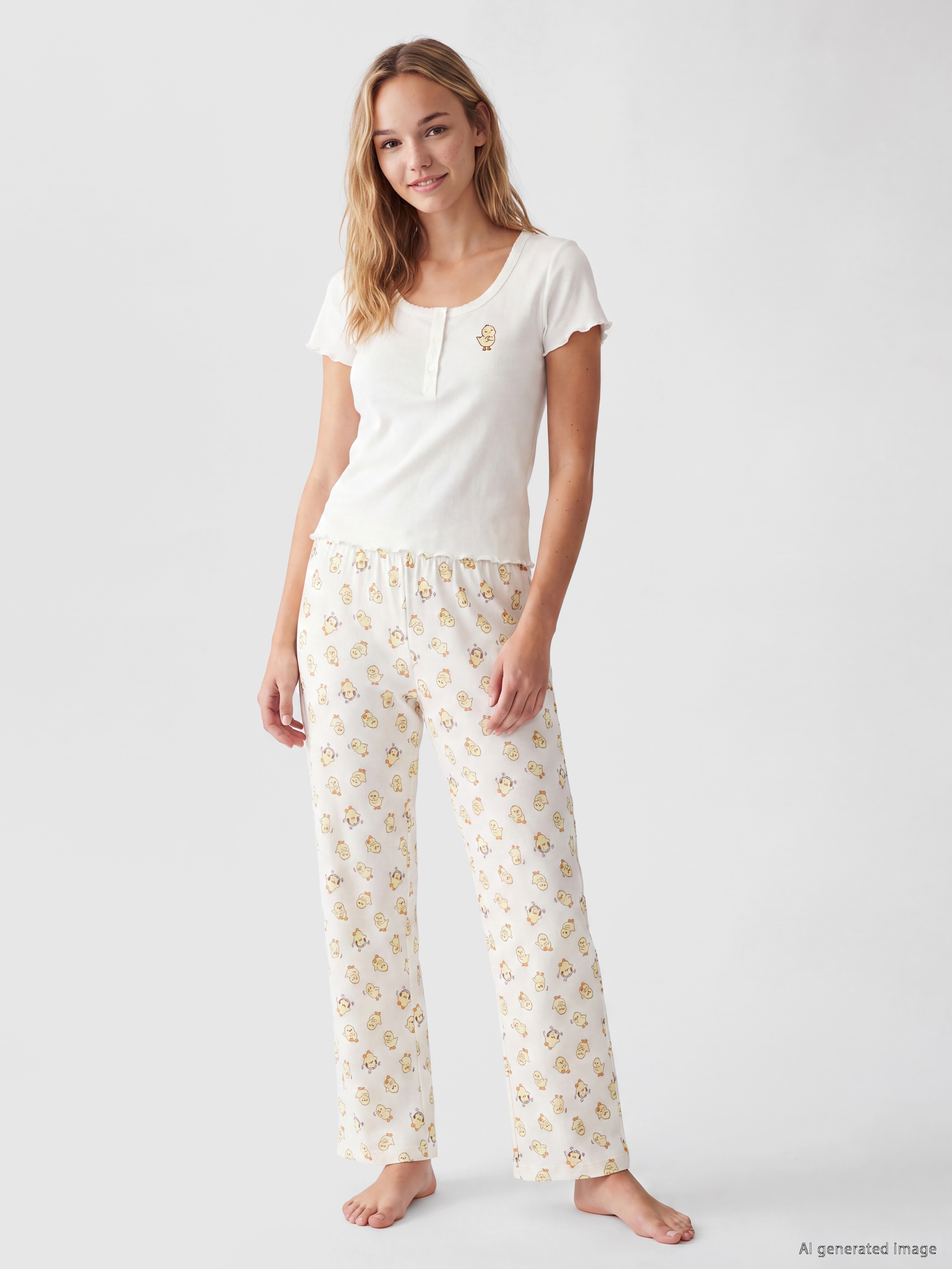 LCW Young U Yaka Civciv Nakışlı Kadın Pijama Takımı