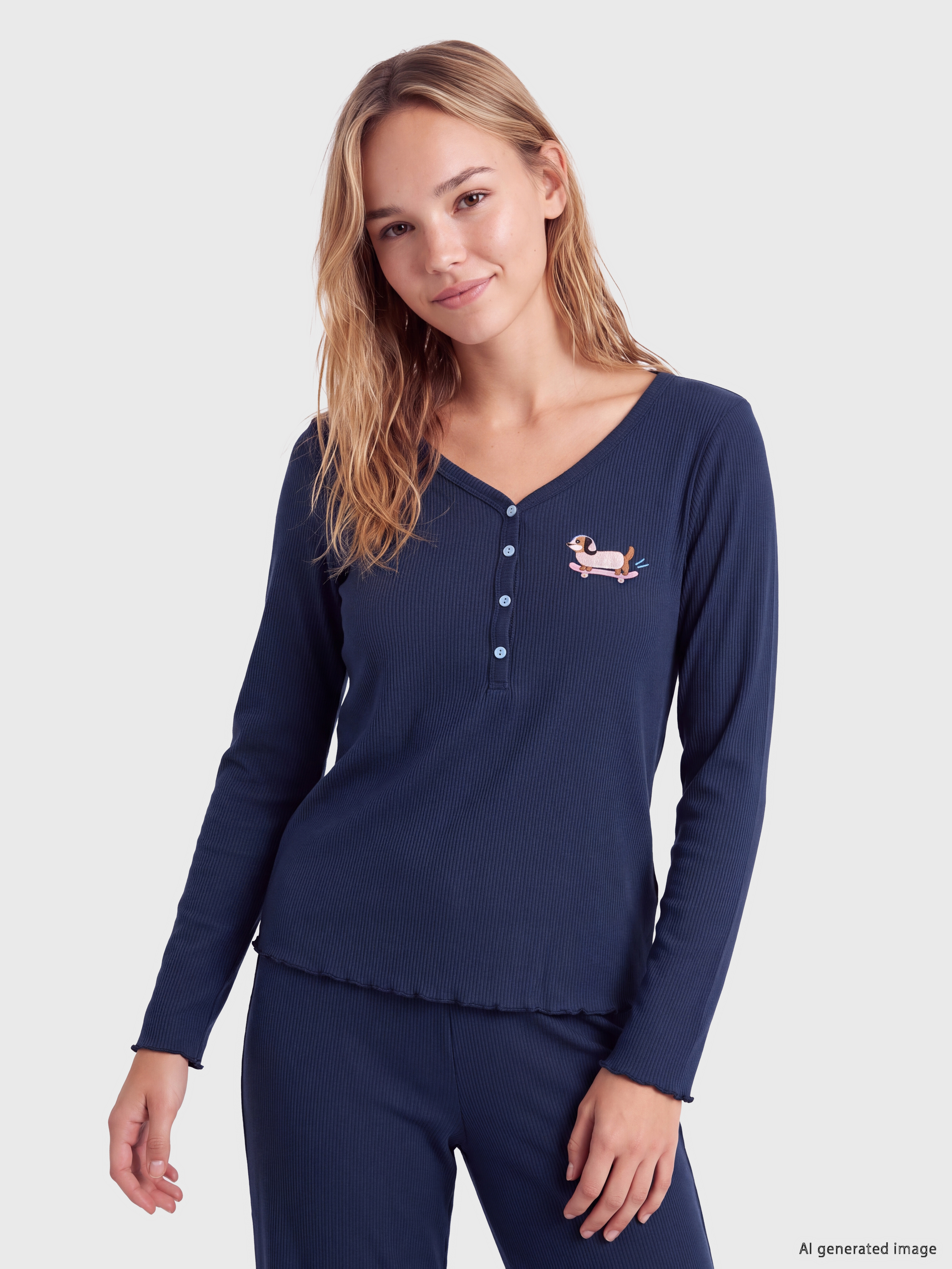 LCW Young V Yaka Nakışlı Kadın Pijama Takım görsel 2