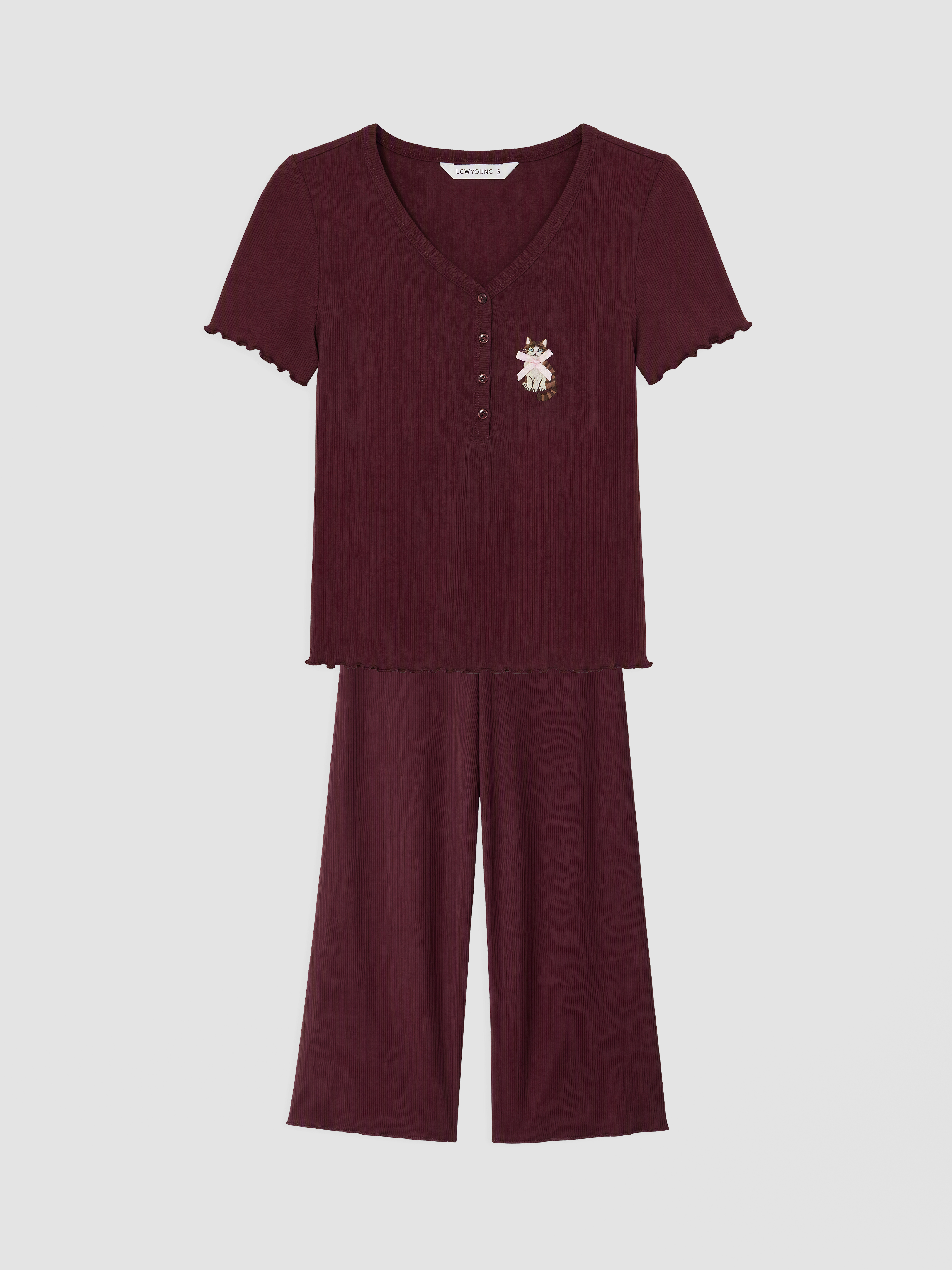 LCW Young V Yaka Nakışlı Kadın Pijama Takım görsel 5