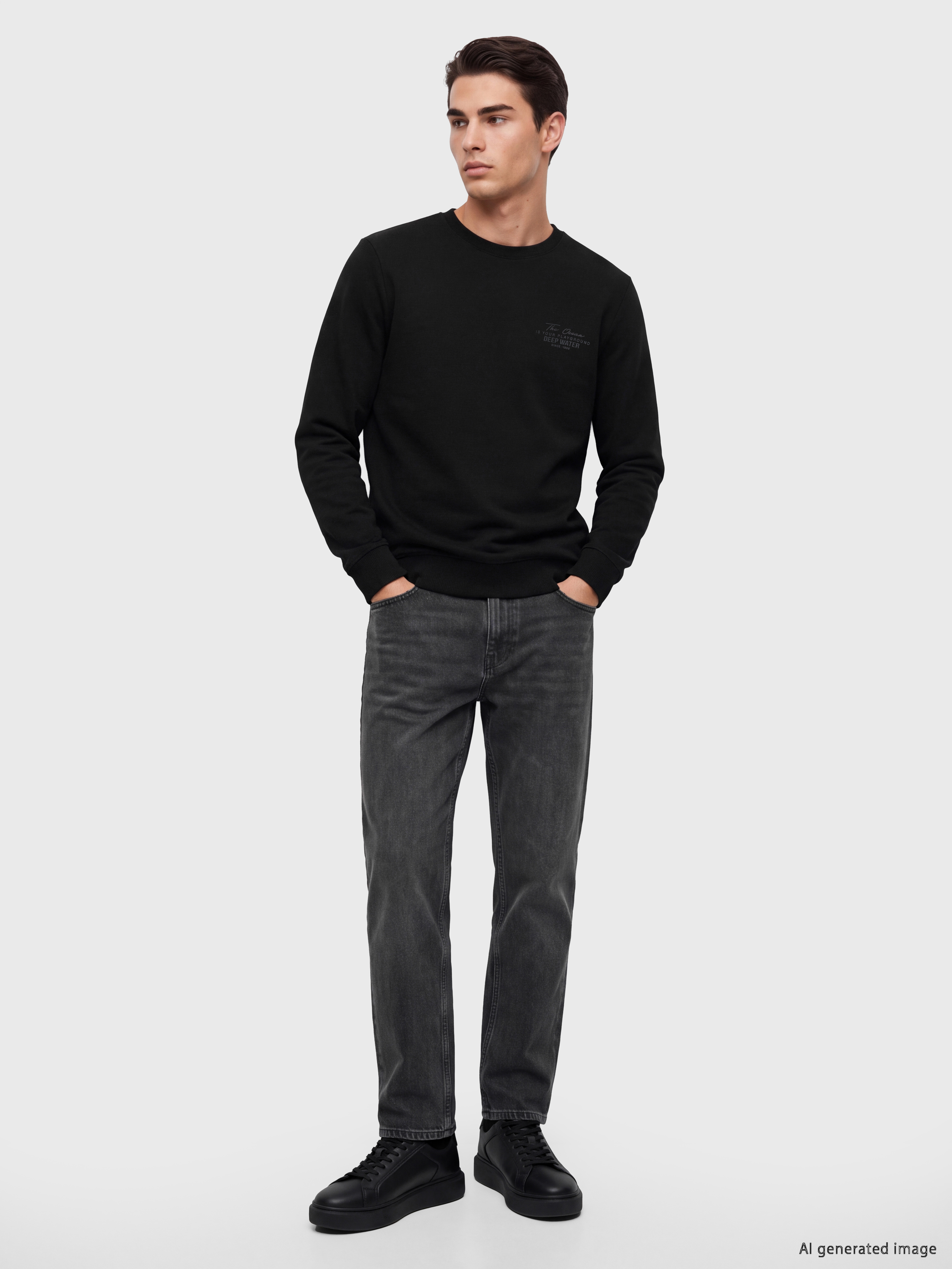 LCWAIKIKI Classic Bisiklet Yaka Baskılı Erkek Kalın Sweatshirt görsel 2