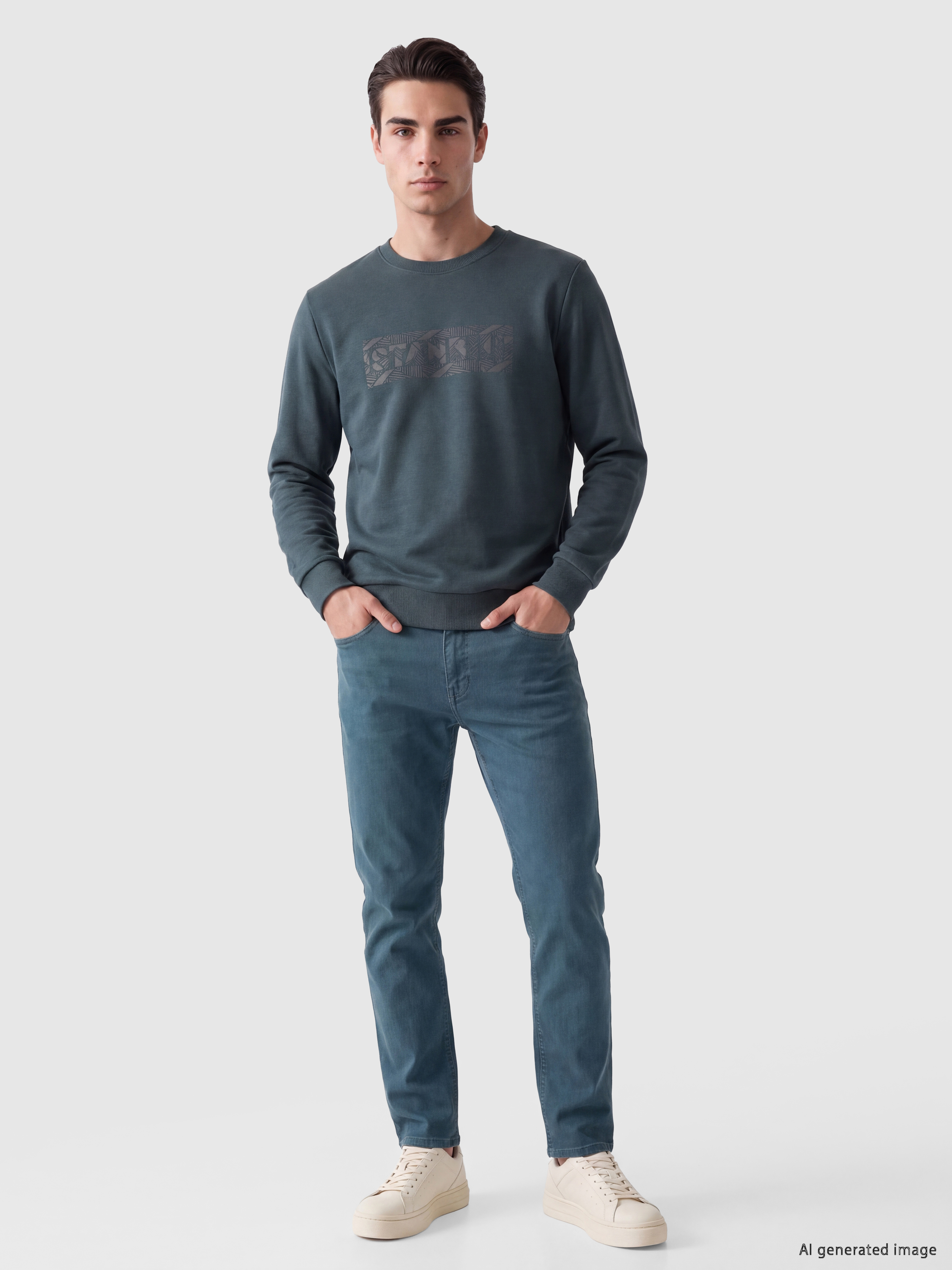 LCWAIKIKI Classic Bisiklet Yaka Baskılı Erkek Kalın Sweatshirt görsel 2