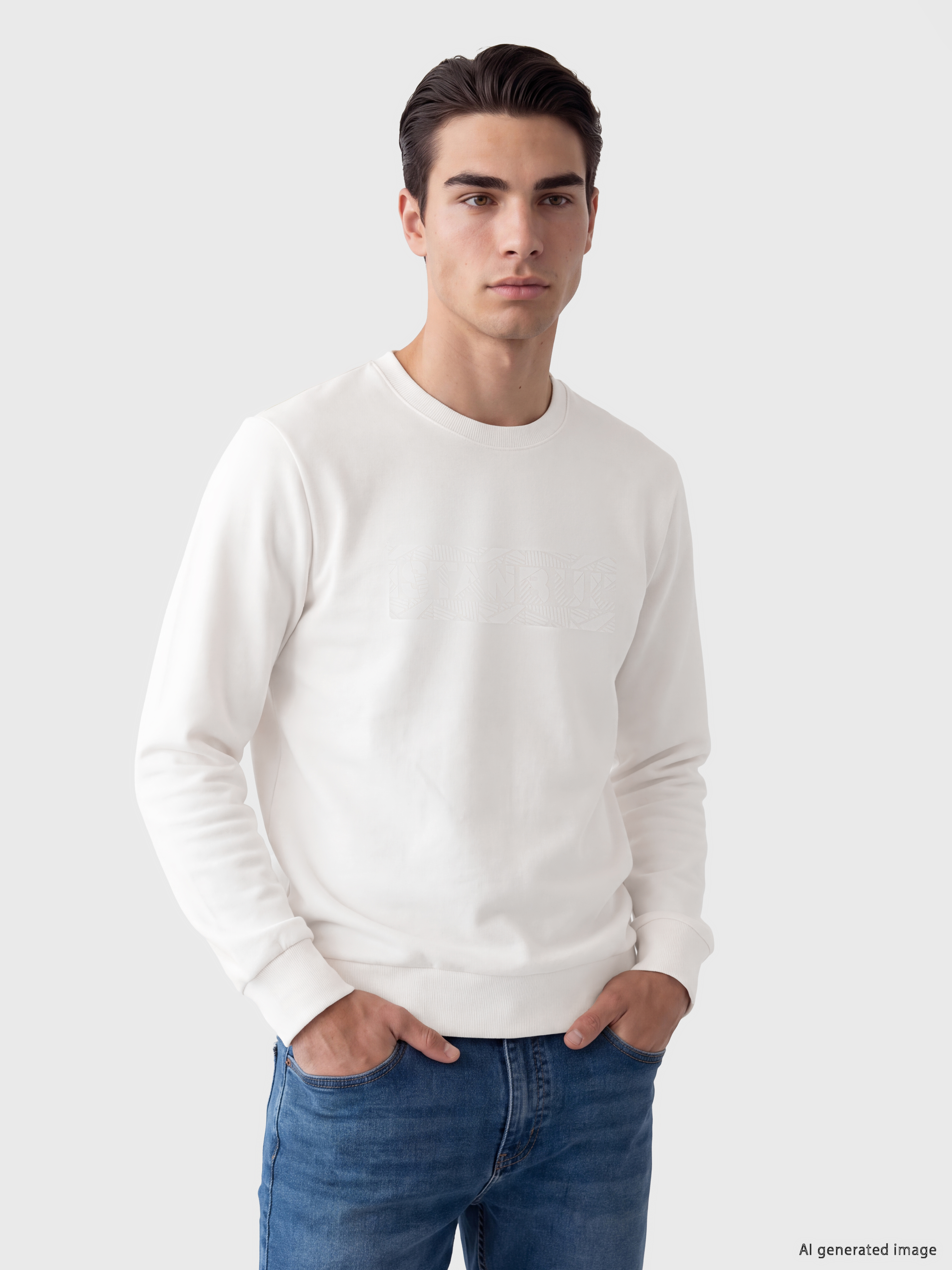 LCWAIKIKI Classic Bisiklet Yaka Baskılı Erkek Kalın Sweatshirt
