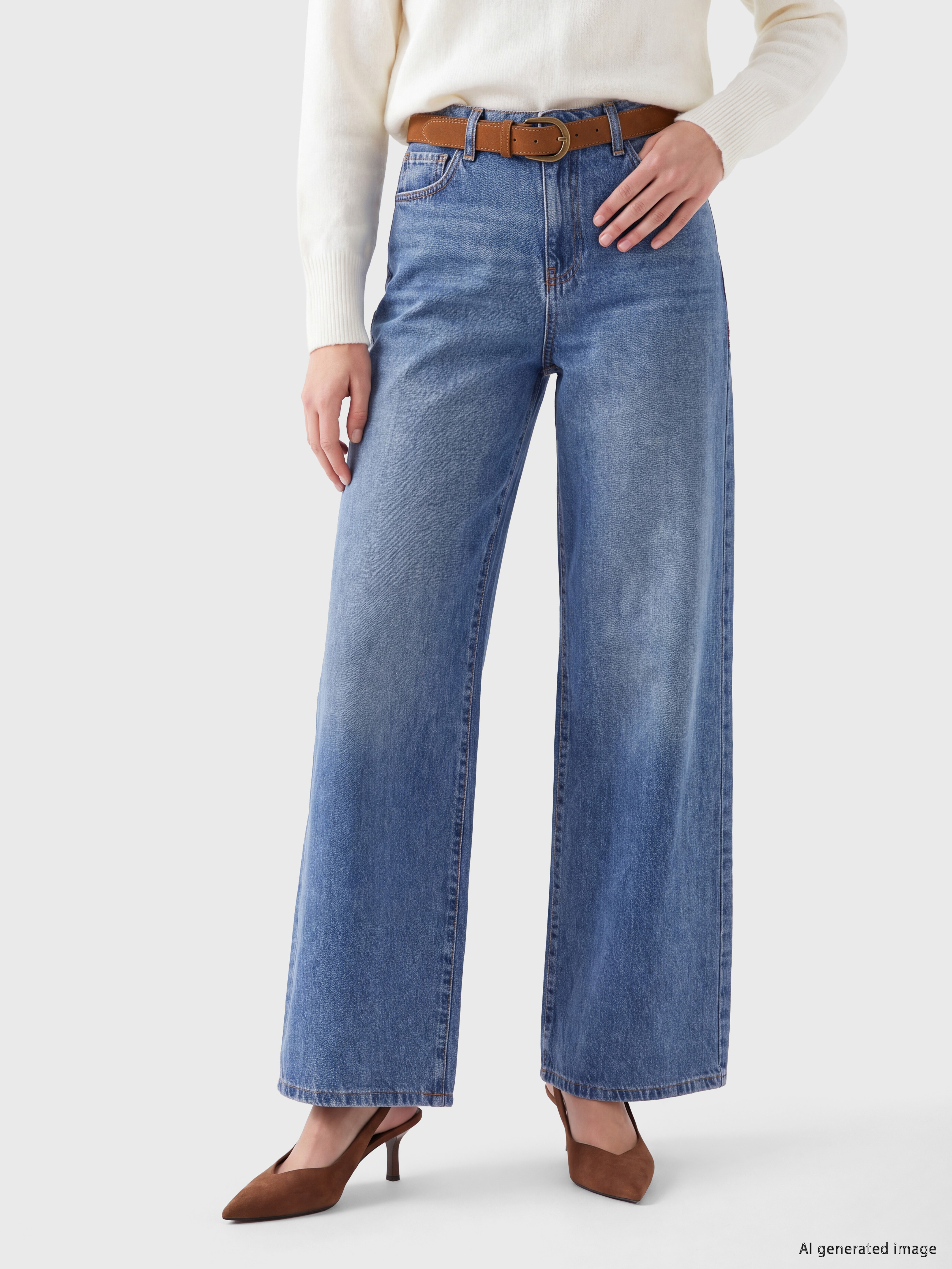LCW Jeans Beli Kemerli Wideleg Kadın Jean Pantolon görsel 2