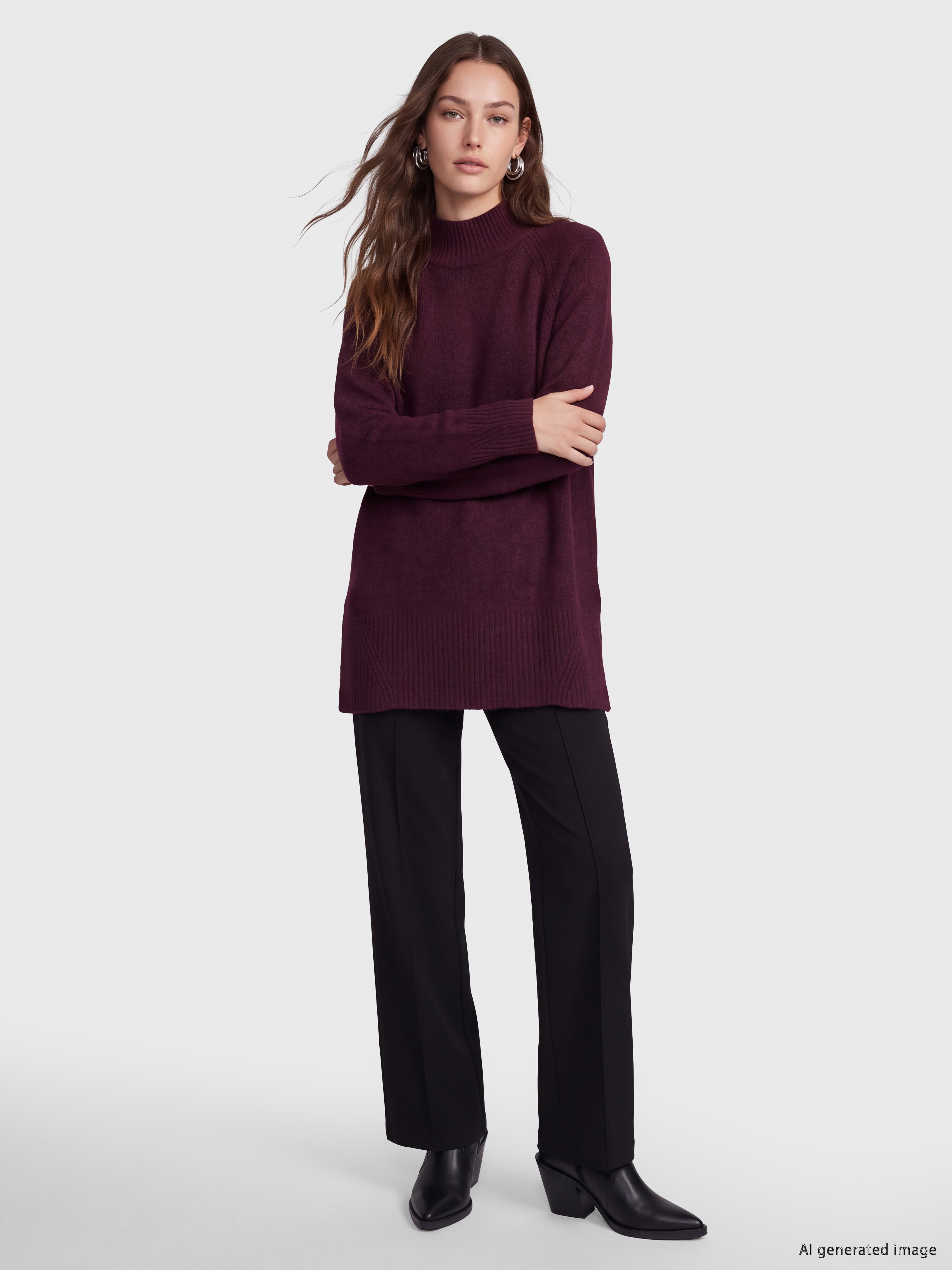 LCW Modest Yarım Balıkçı Yaka Oversize Kadın Triko Tunik görsel 2