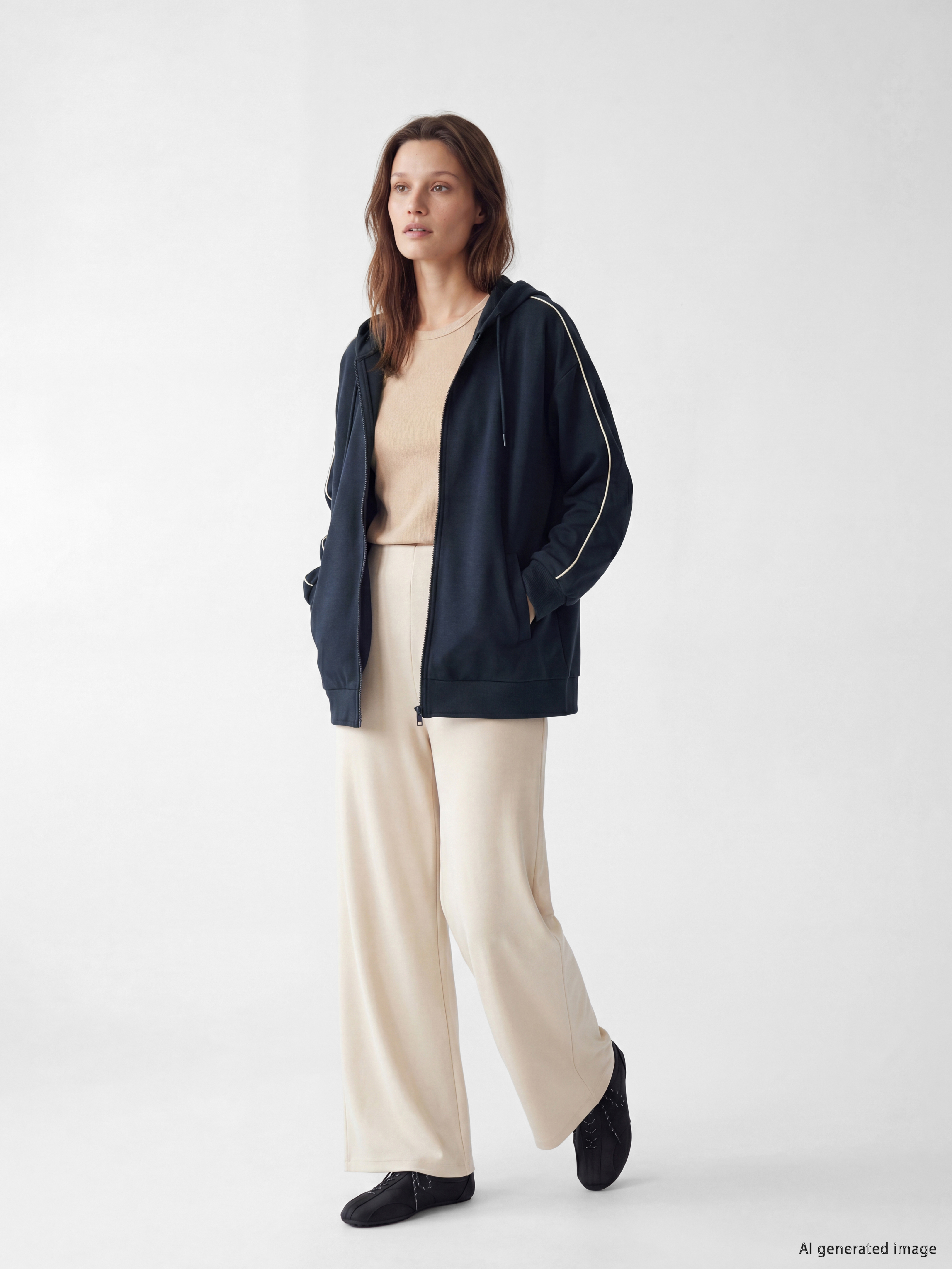 LCW Modest Kapüşonlu Oversize Kadın Fermuarlı Sweatshirt görsel 2
