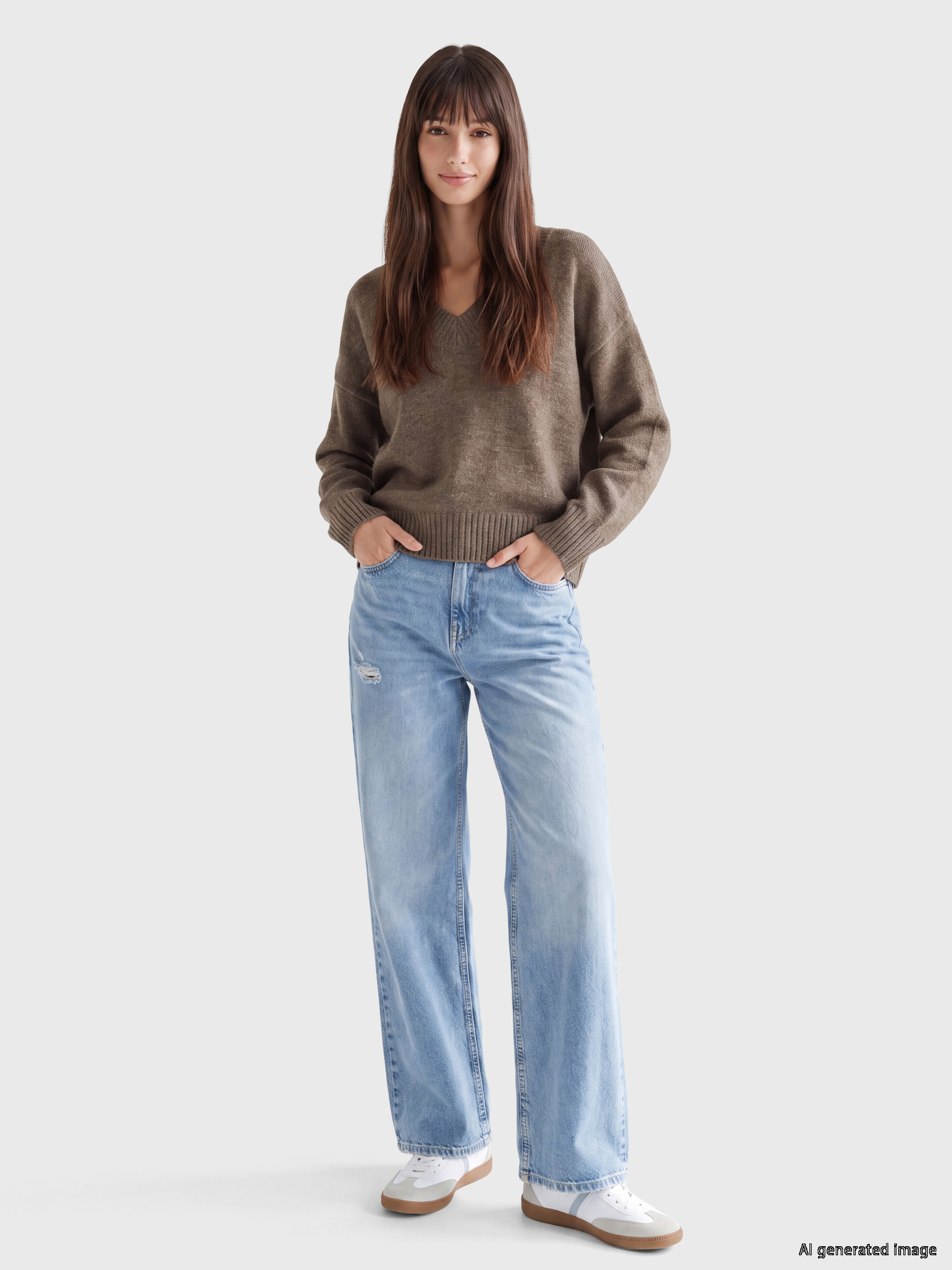 XSIDE V Yaka Oversize Kadın Triko Kazak görsel 2